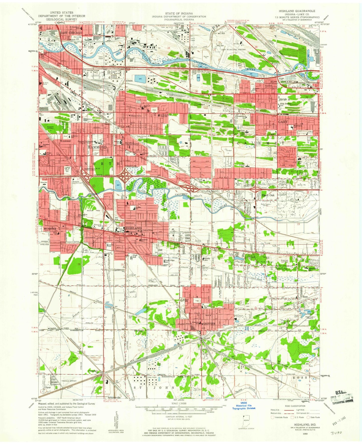 Classic USGS Highland Indiana 7.5'x7.5' Topo Map Image