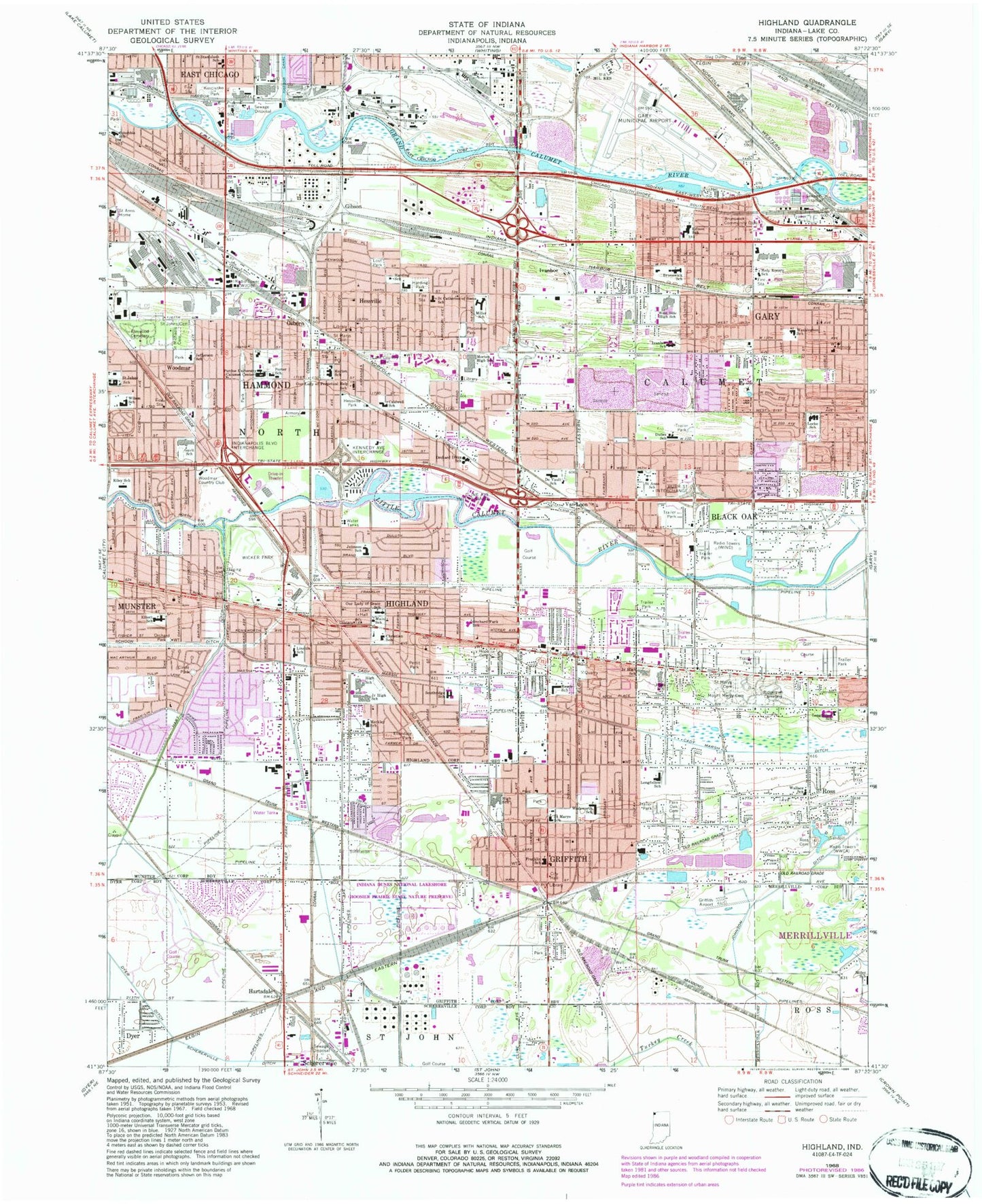 Classic USGS Highland Indiana 7.5'x7.5' Topo Map Image