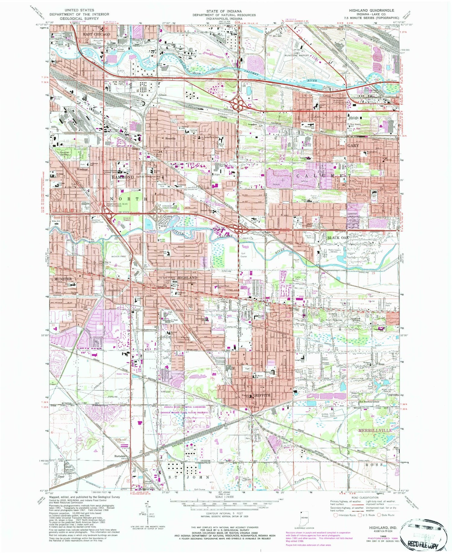 Classic USGS Highland Indiana 7.5'x7.5' Topo Map Image