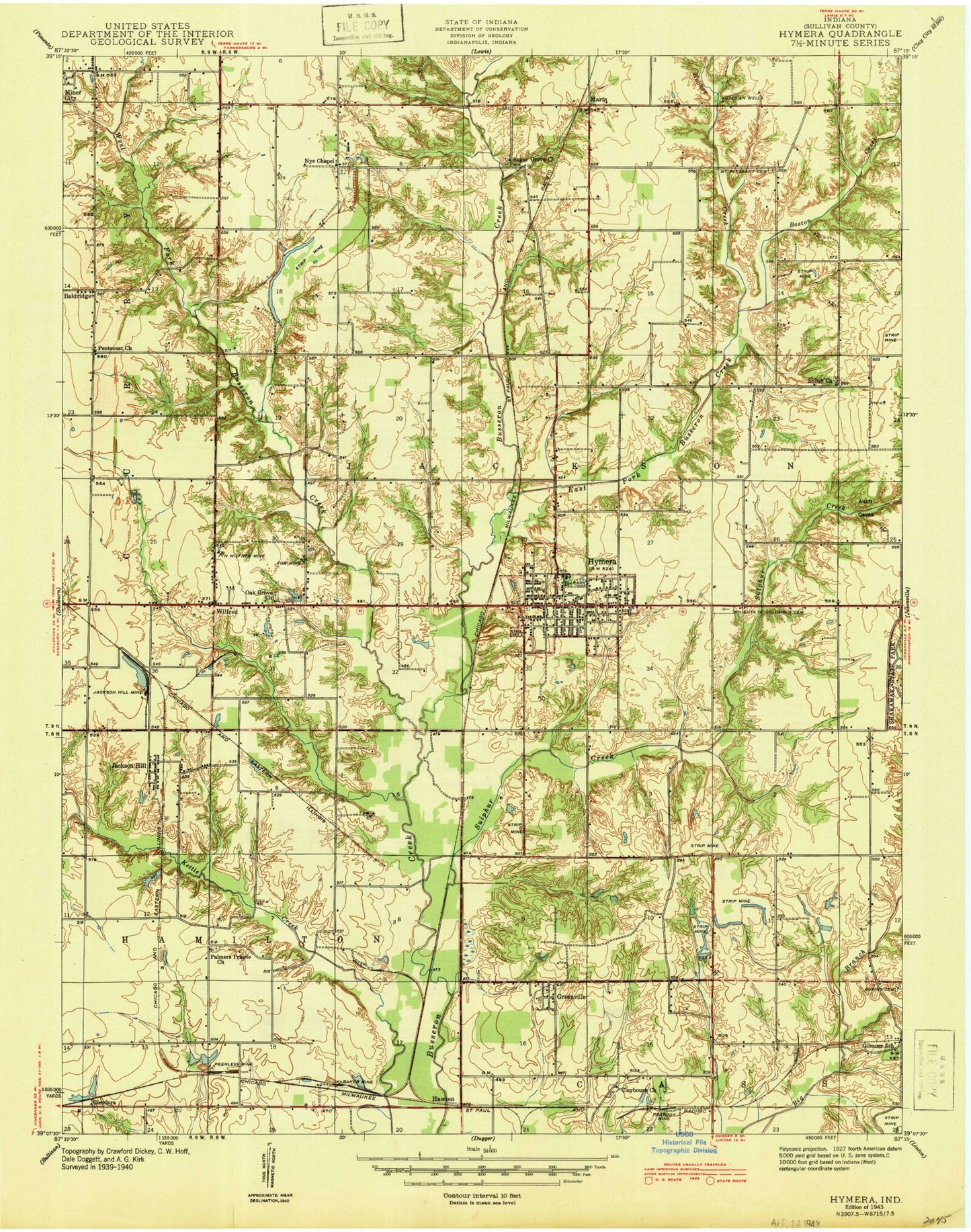 Classic USGS Hymera Indiana 7.5'x7.5' Topo Map Image