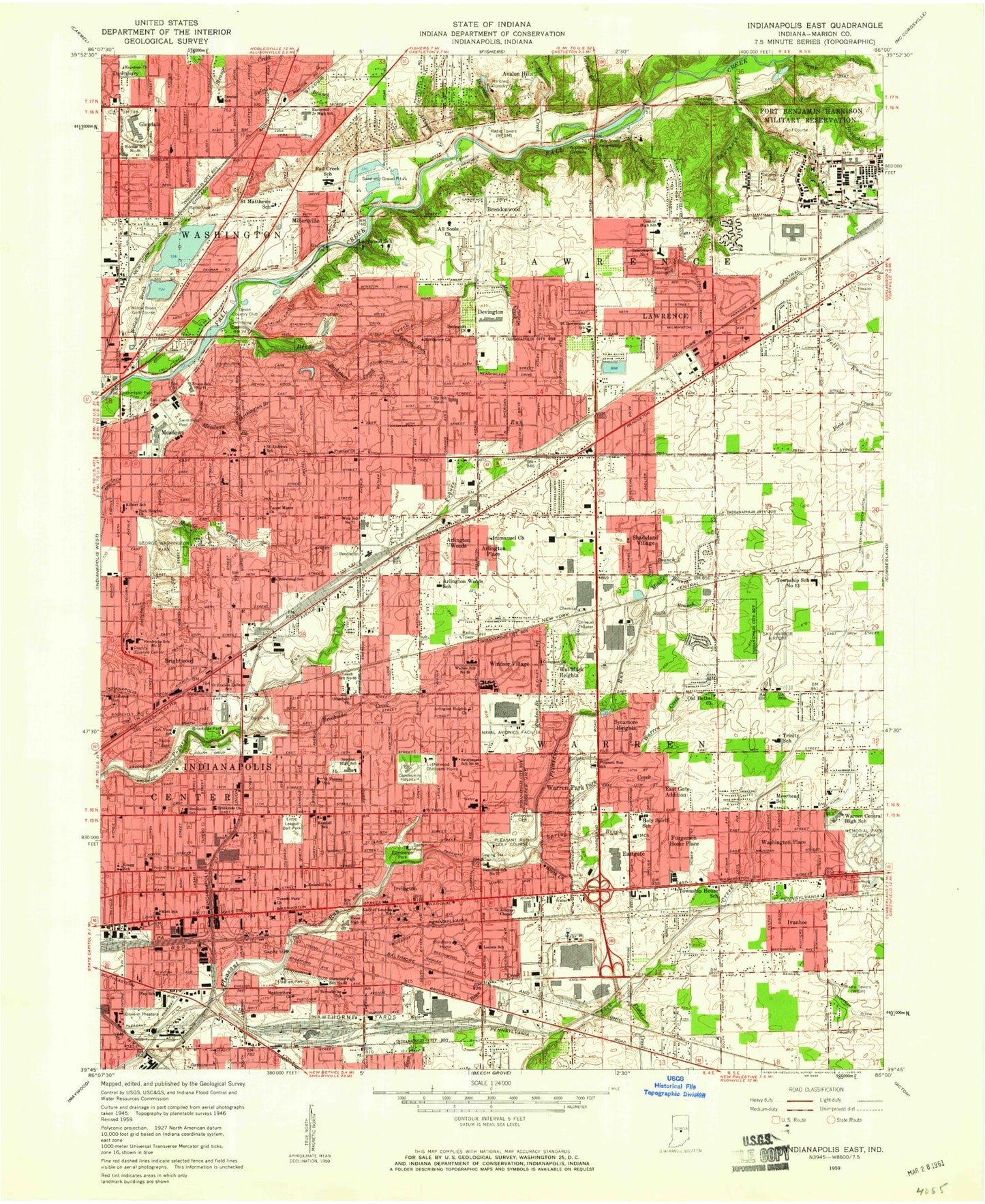 Classic USGS Indianapolis East Indiana 7.5'x7.5' Topo Map Image