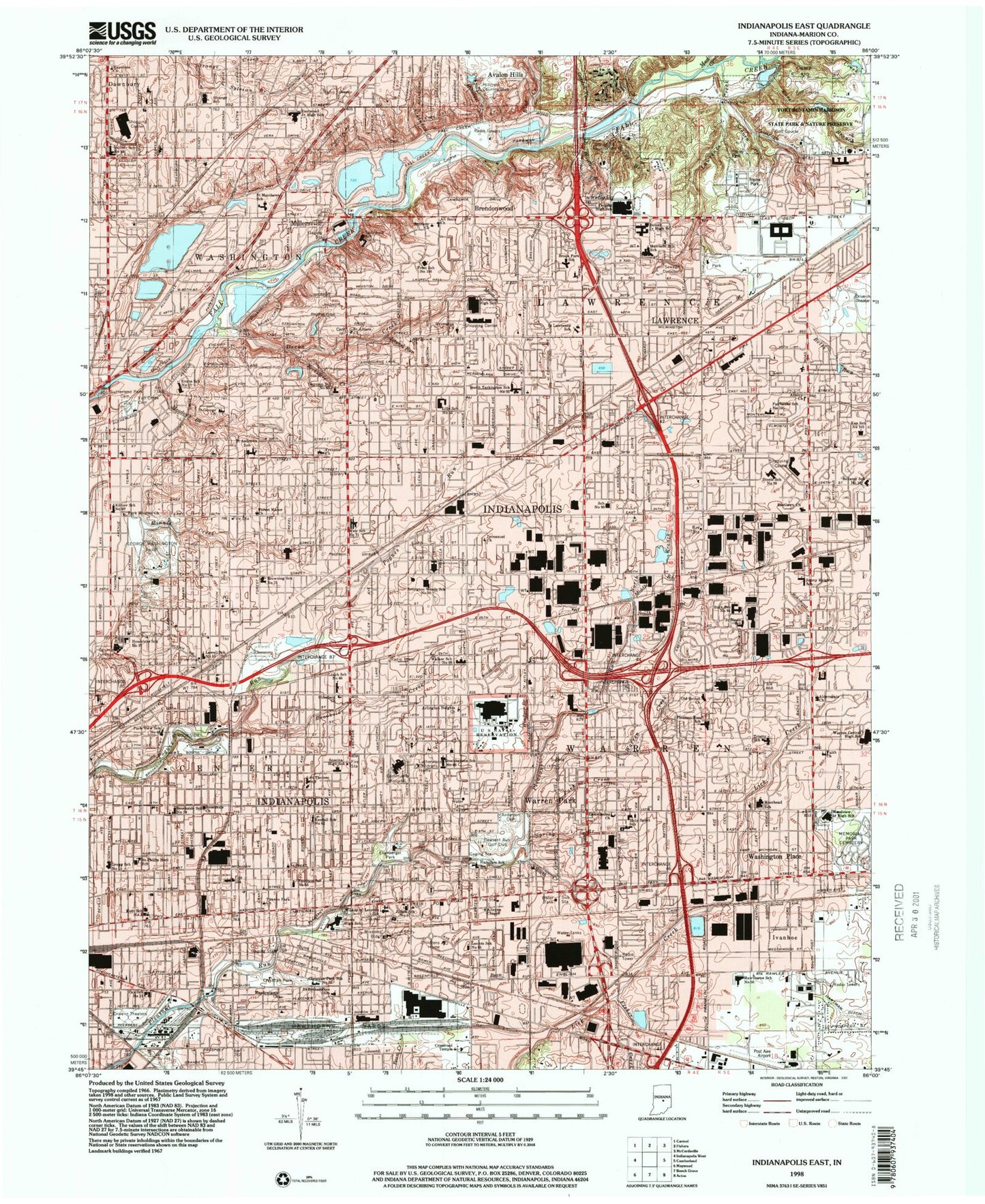 Classic USGS Indianapolis East Indiana 7.5'x7.5' Topo Map Image