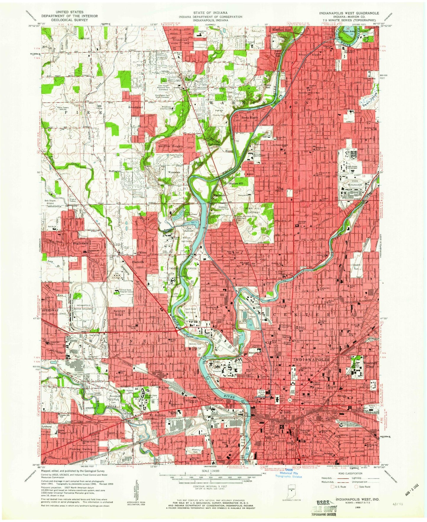 Classic USGS Indianapolis West Indiana 7.5'x7.5' Topo Map Image