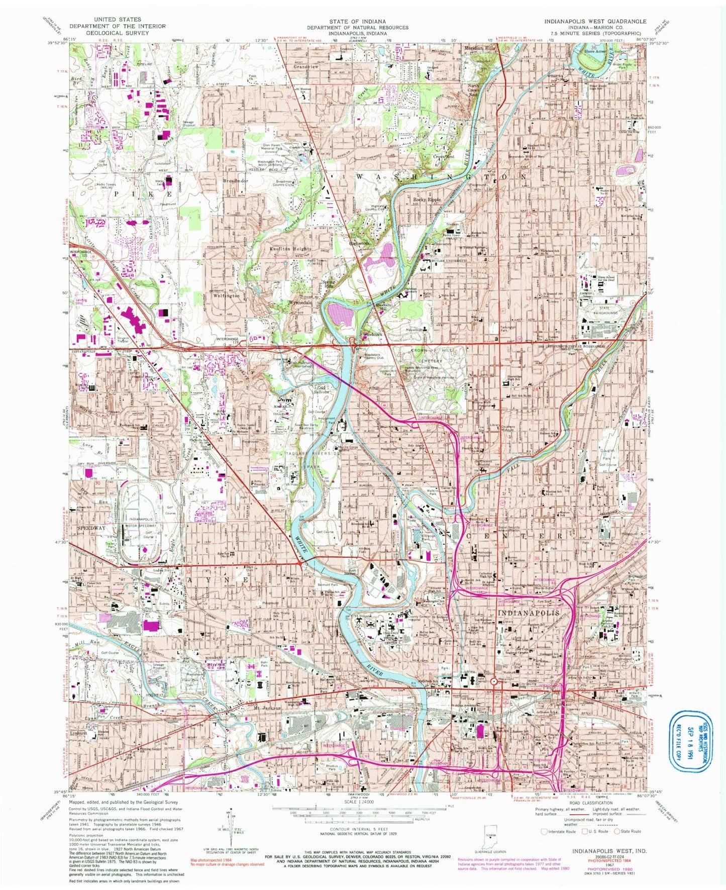 Classic USGS Indianapolis West Indiana 7.5'x7.5' Topo Map Image