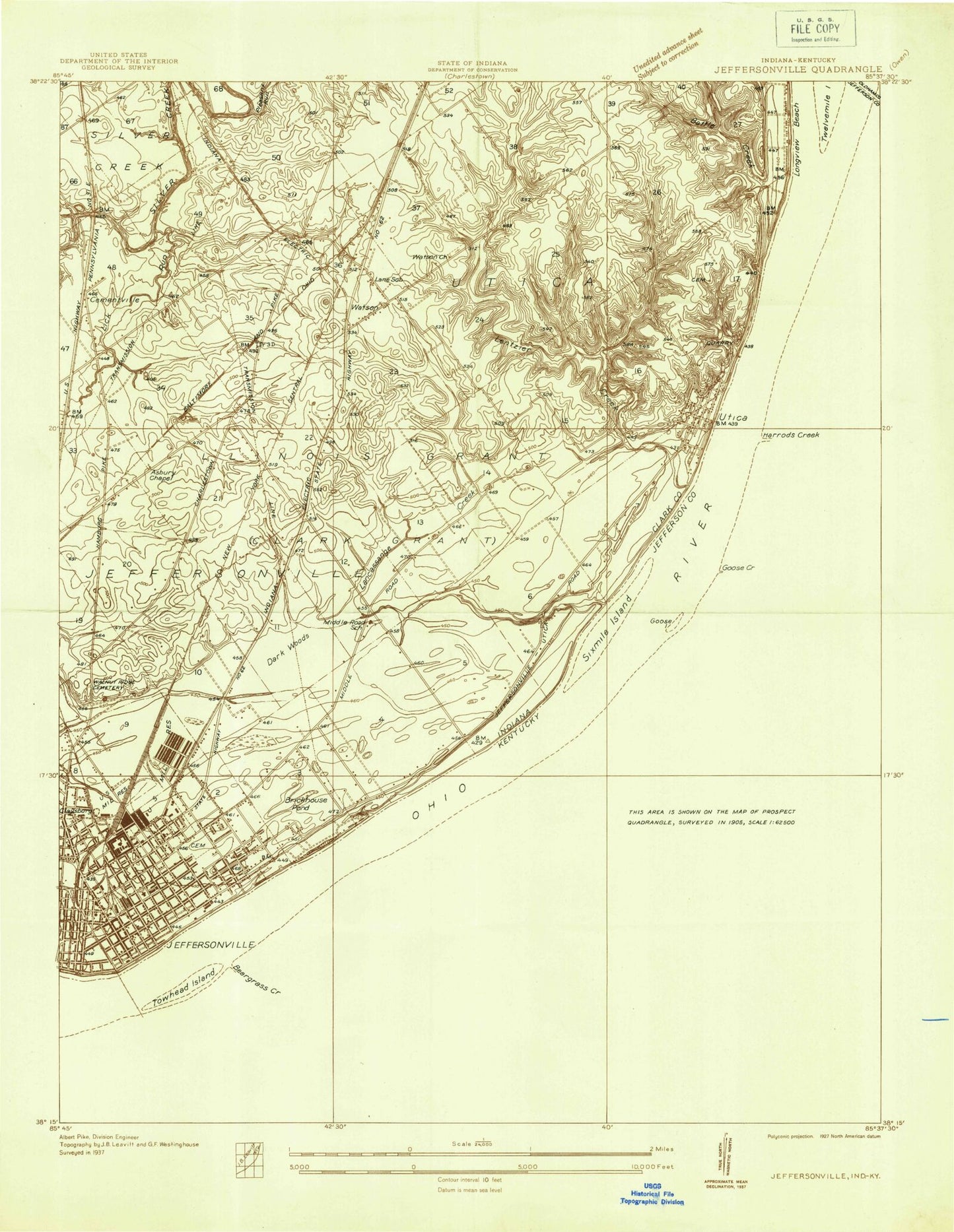 Classic USGS Jeffersonville Indiana 7.5'x7.5' Topo Map Image