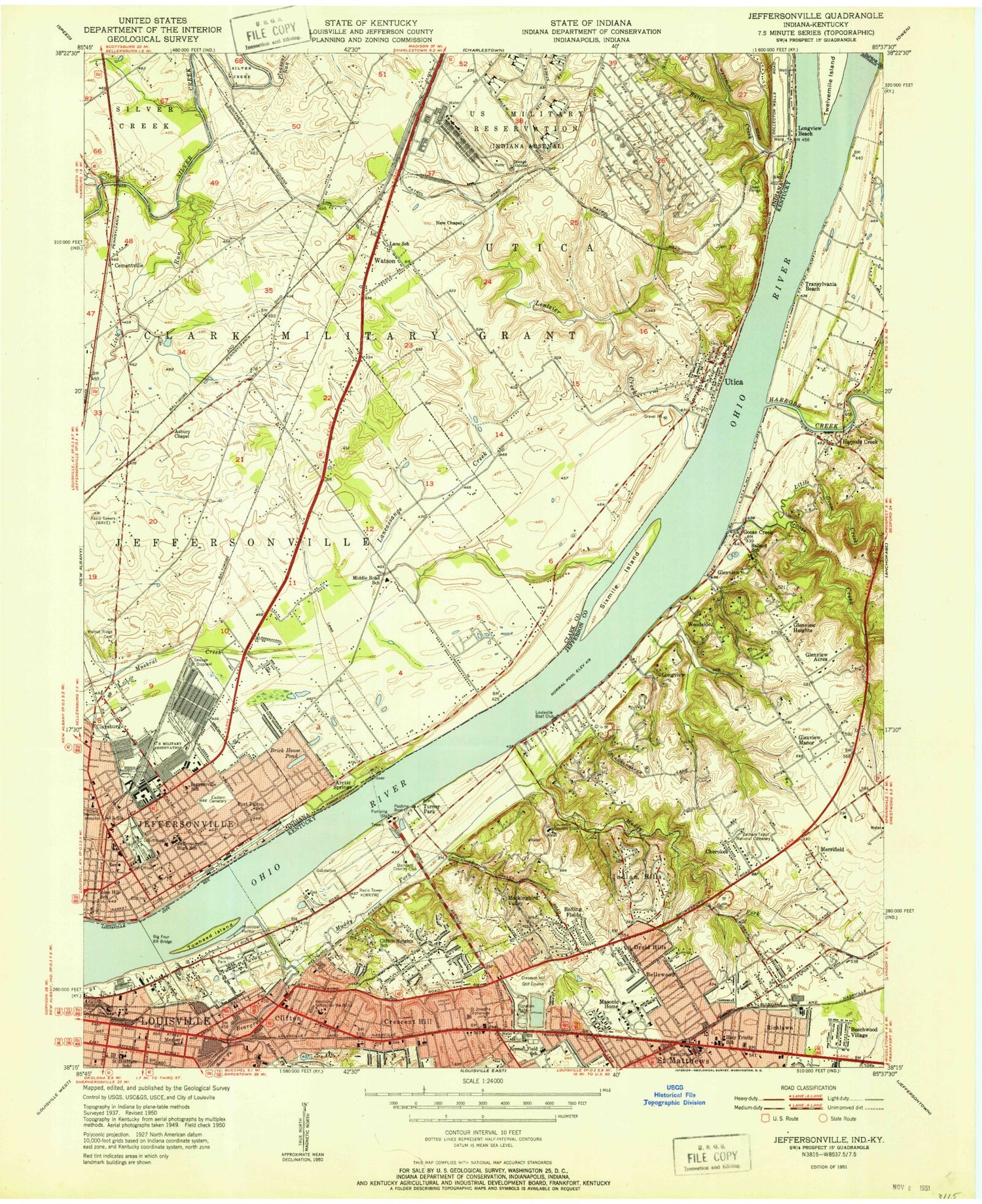 Classic USGS Jeffersonville Indiana 7.5'x7.5' Topo Map Image