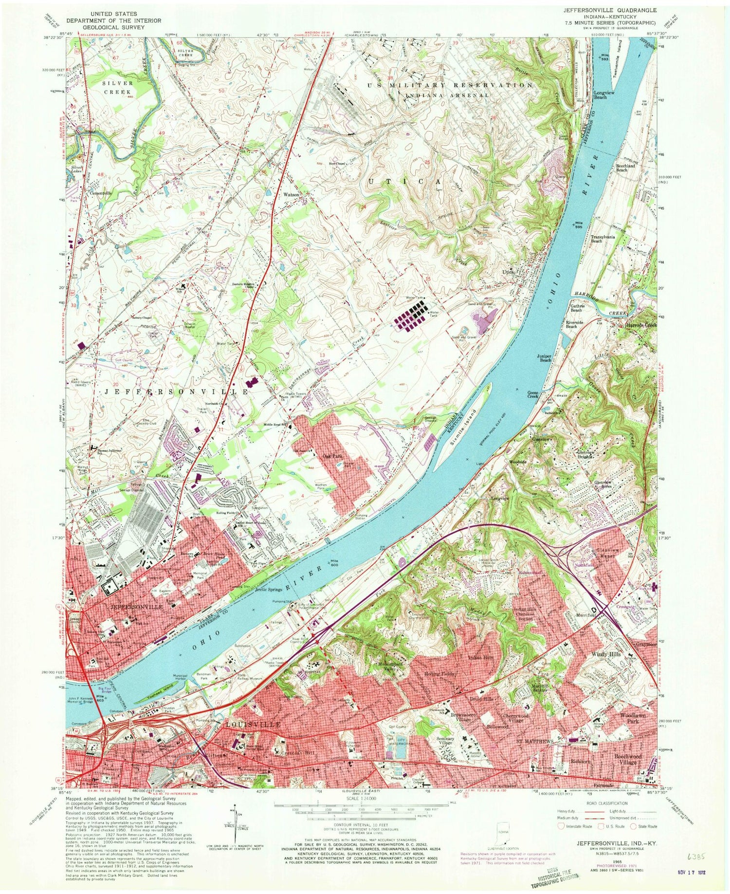 Classic USGS Jeffersonville Indiana 7.5'x7.5' Topo Map Image