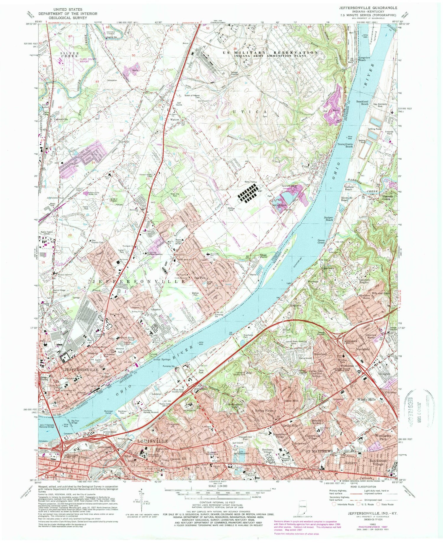 Classic USGS Jeffersonville Indiana 7.5'x7.5' Topo Map Image