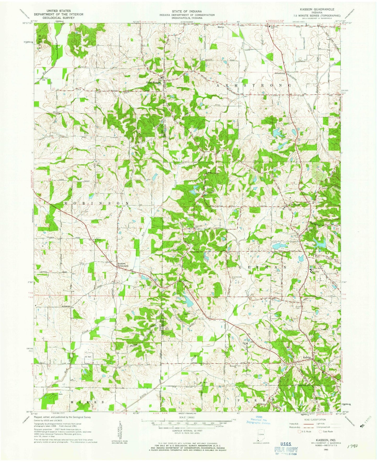 Classic USGS Kasson Indiana 7.5'x7.5' Topo Map Image