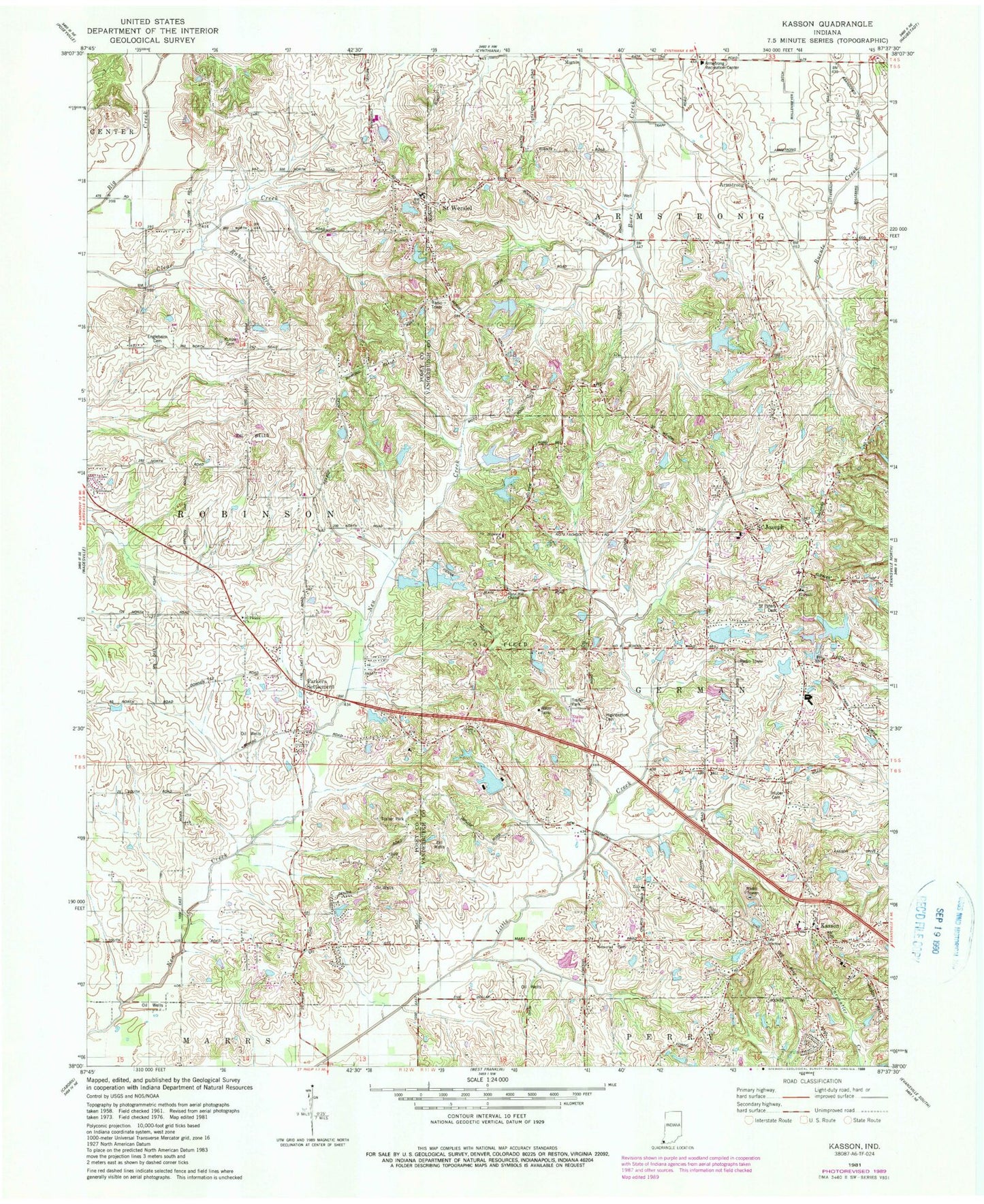 Classic USGS Kasson Indiana 7.5'x7.5' Topo Map Image