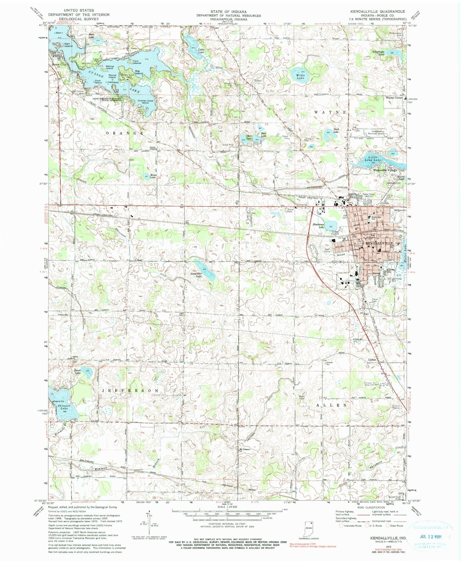 Classic USGS Kendallville Indiana 7.5'x7.5' Topo Map Image