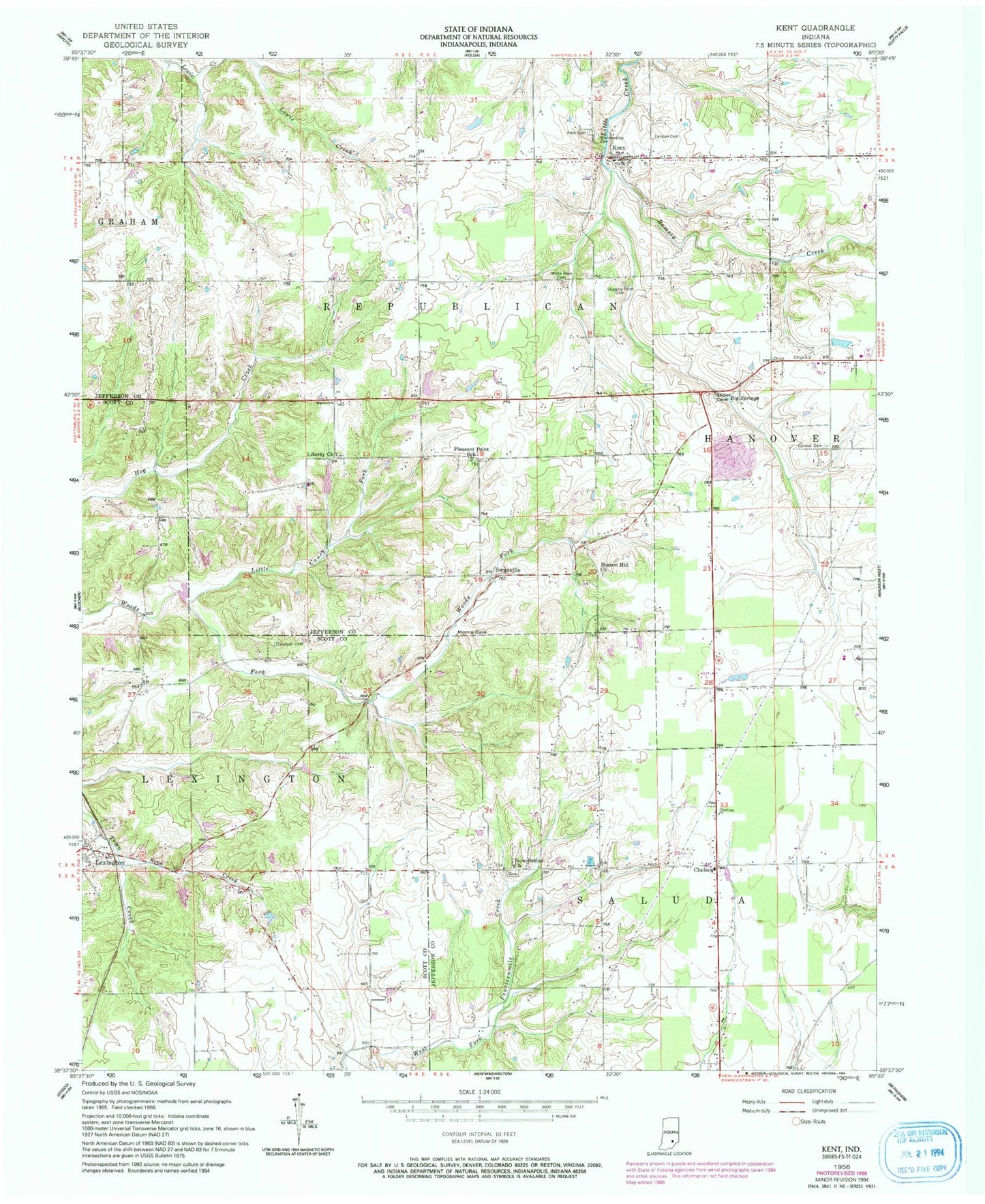 Classic USGS Kent Indiana 7.5'x7.5' Topo Map Image