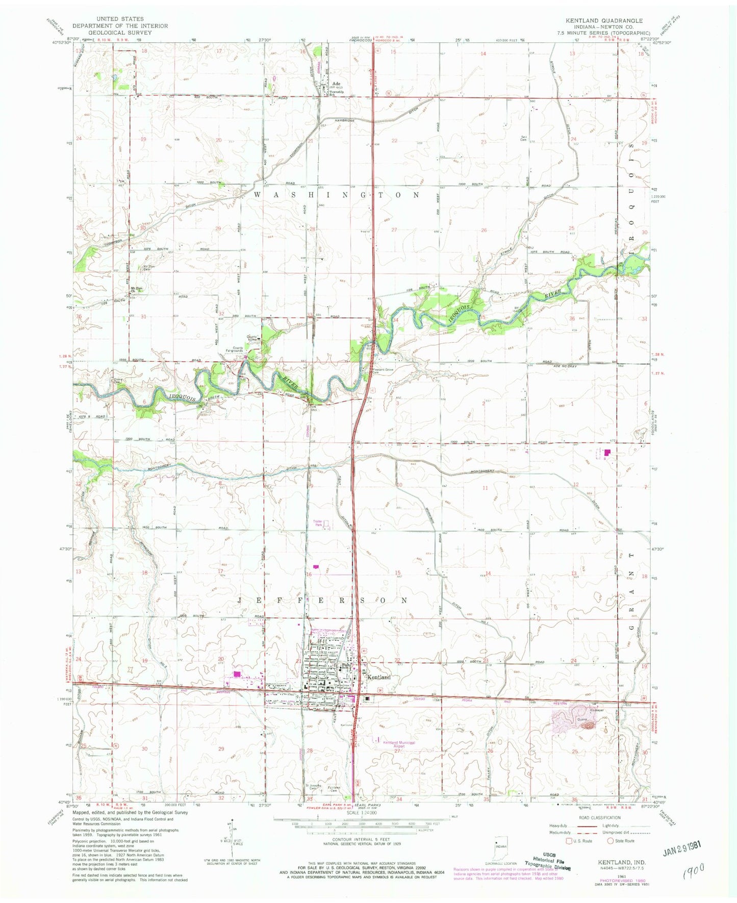 Classic USGS Kentland Indiana 7.5'x7.5' Topo Map Image