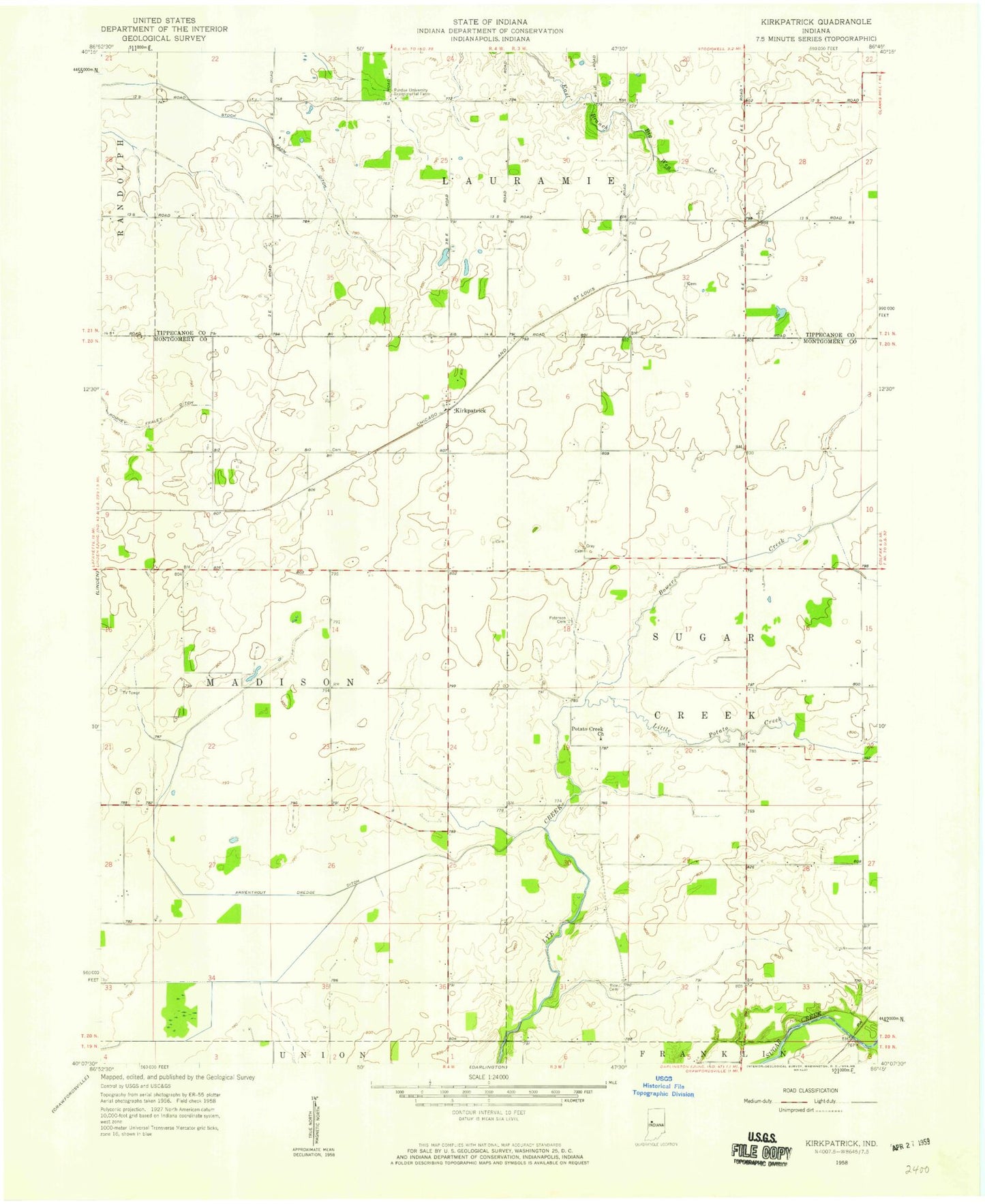 Classic USGS Kirkpatrick Indiana 7.5'x7.5' Topo Map Image