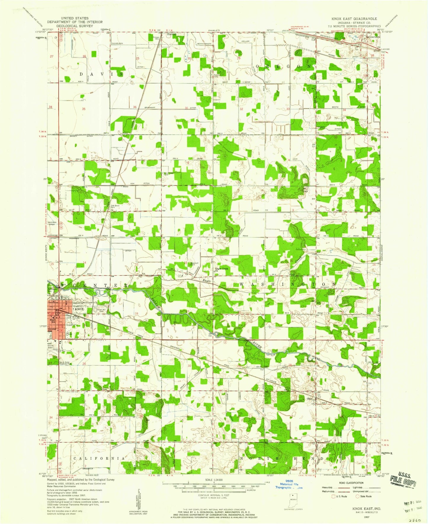 Classic USGS Knox East Indiana 7.5'x7.5' Topo Map Image
