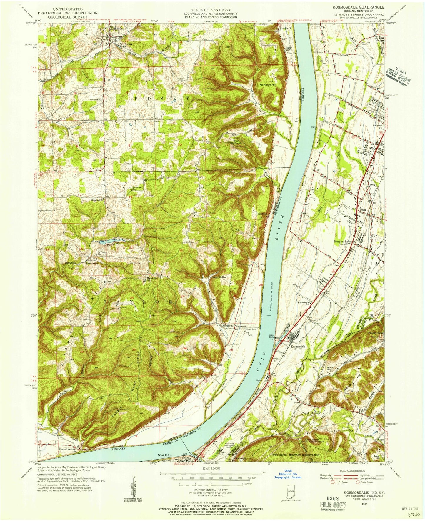 Classic USGS Kosmosdale Kentucky 7.5'x7.5' Topo Map Image