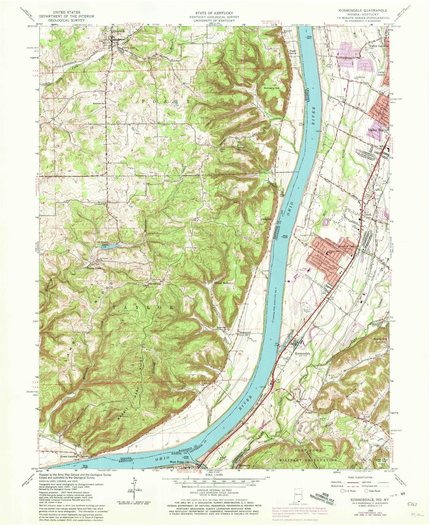 Classic USGS Kosmosdale Kentucky 7.5'x7.5' Topo Map Image
