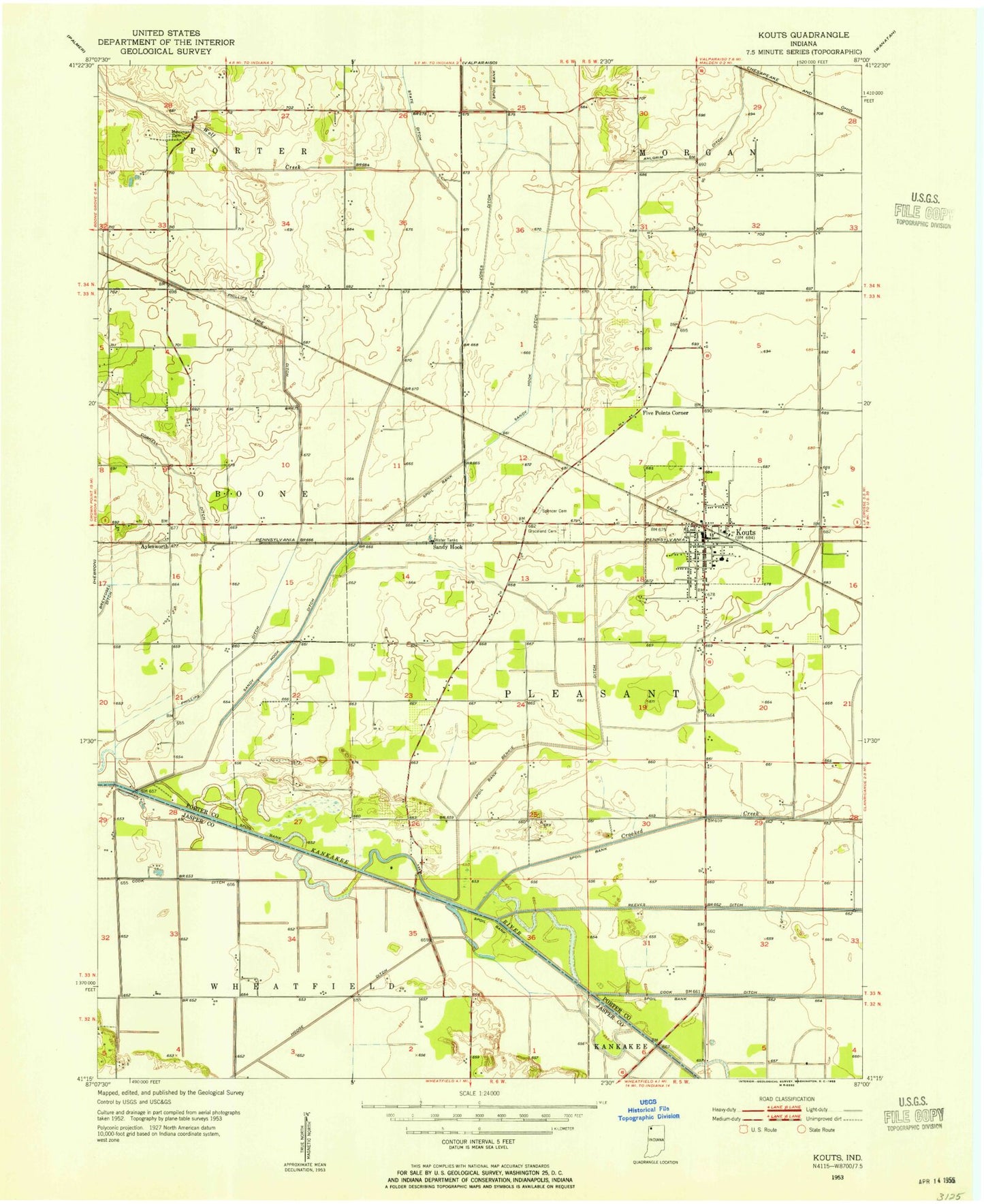 Classic USGS Kouts Indiana 7.5'x7.5' Topo Map Image