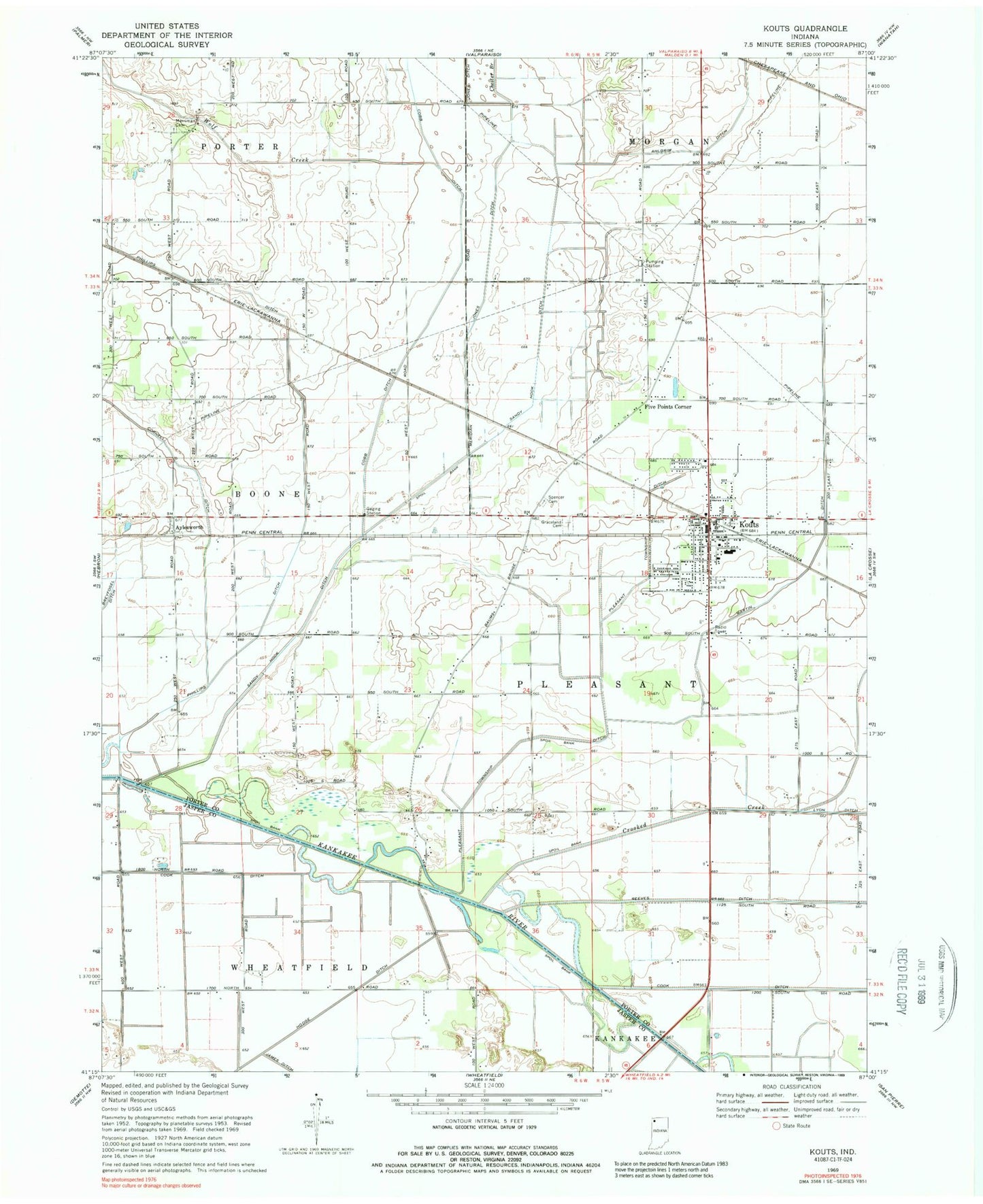 Classic USGS Kouts Indiana 7.5'x7.5' Topo Map Image