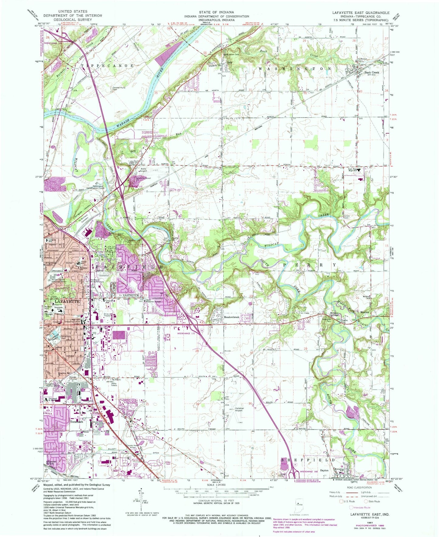 Classic USGS Lafayette East Indiana 7.5'x7.5' Topo Map Image
