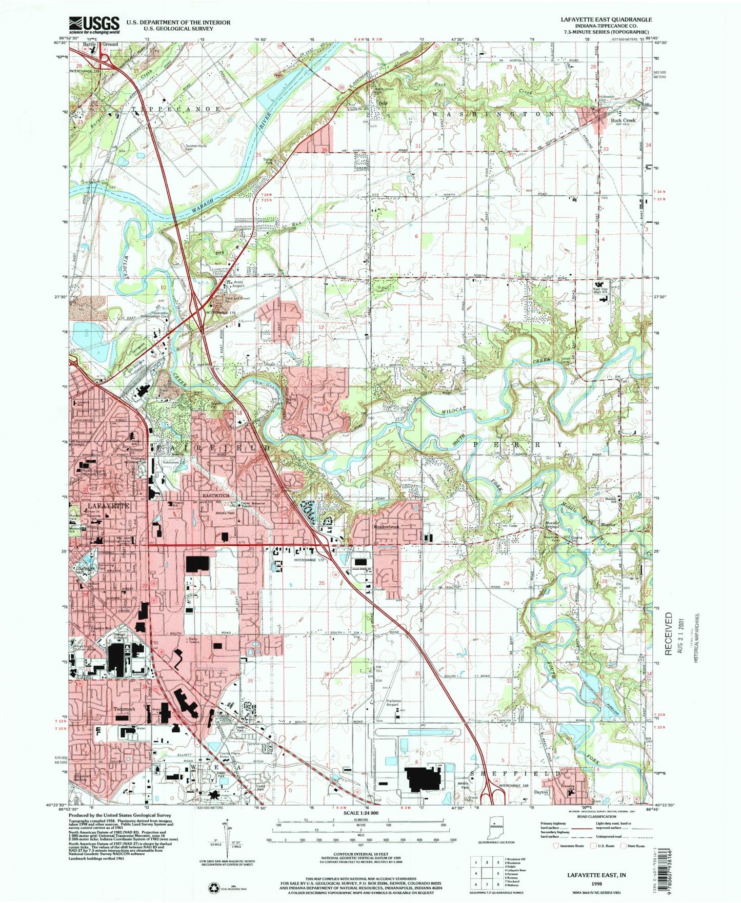 Classic USGS Lafayette East Indiana 7.5'x7.5' Topo Map Image