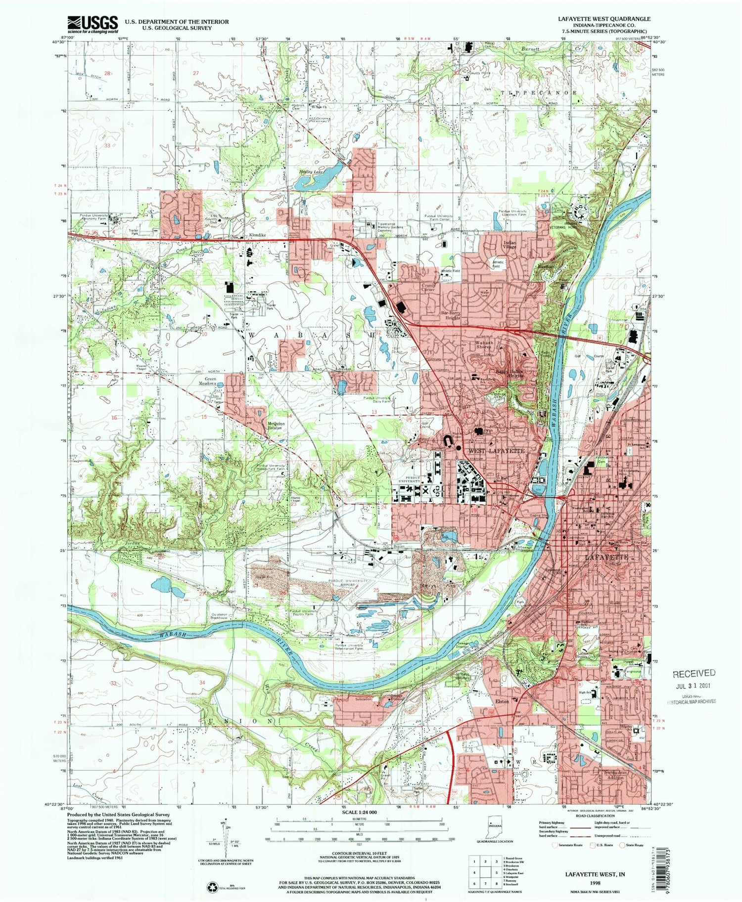 Classic USGS Lafayette West Indiana 7.5'x7.5' Topo Map Image