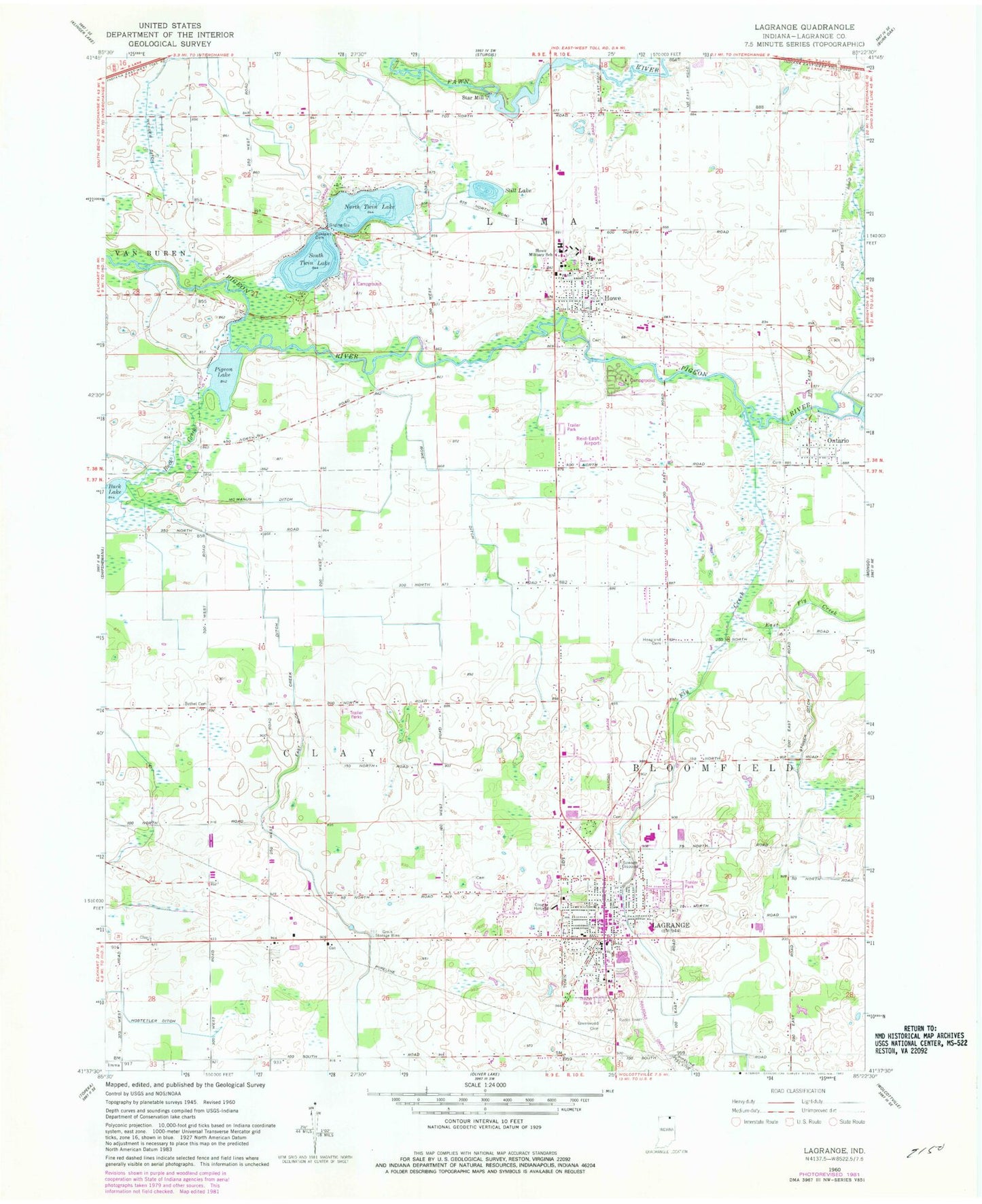 Classic USGS Lagrange Indiana 7.5'x7.5' Topo Map Image