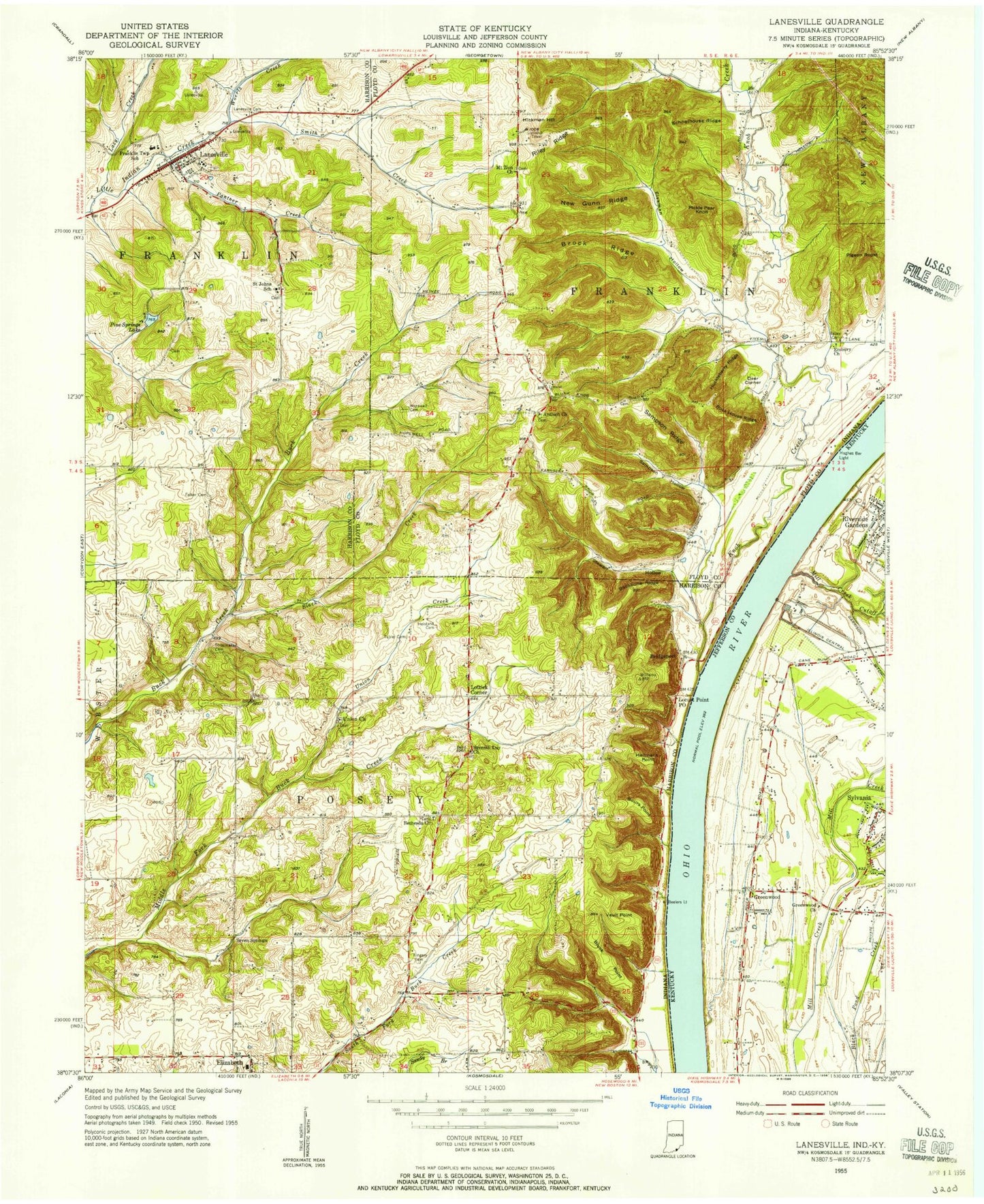 Classic USGS Lanesville Indiana 7.5'x7.5' Topo Map Image
