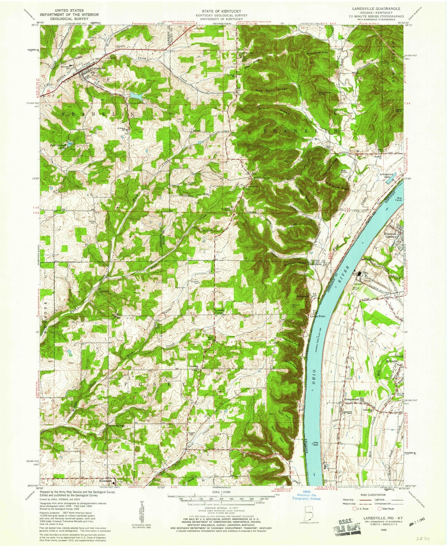 Classic USGS Lanesville Indiana 7.5'x7.5' Topo Map Image