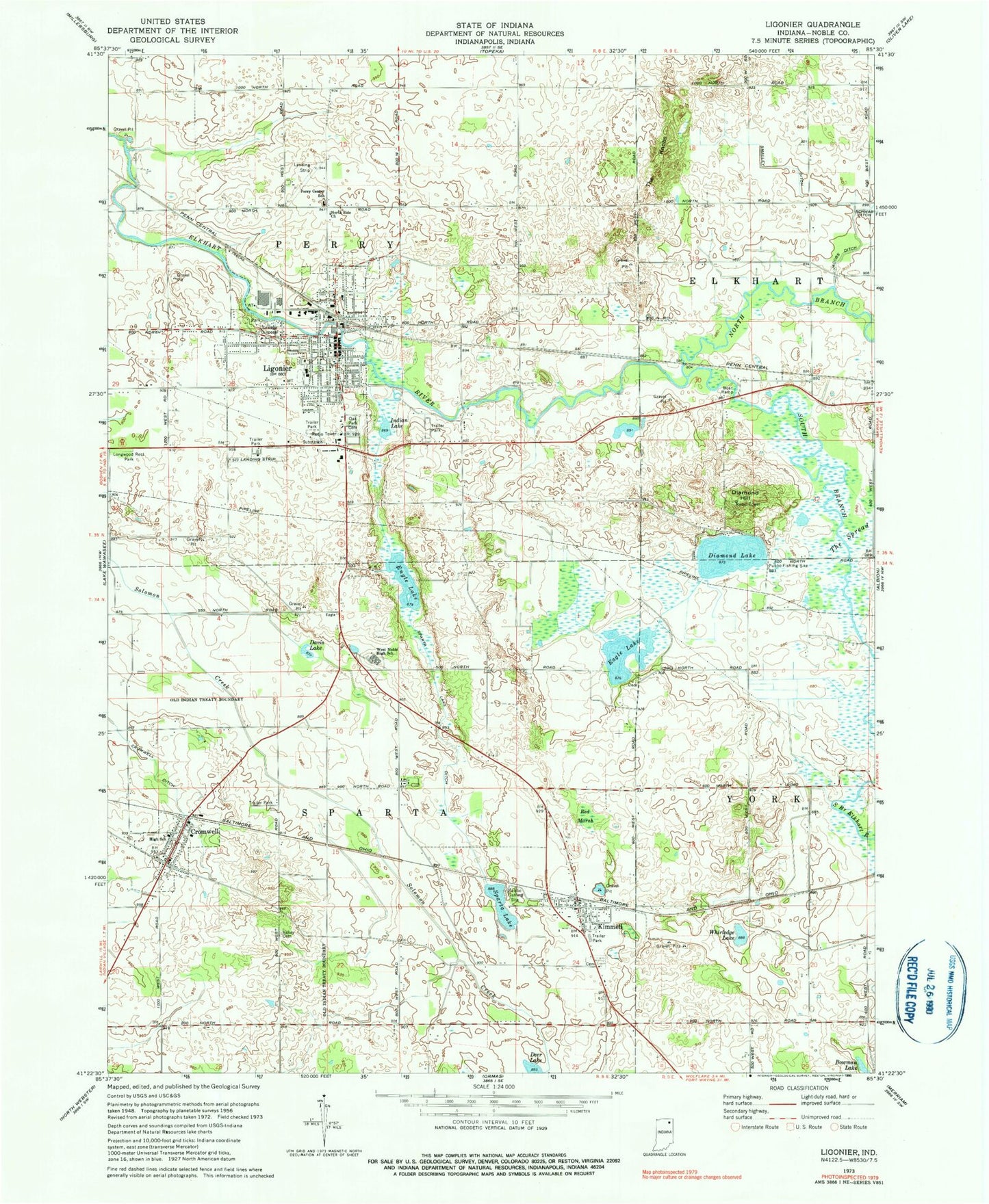 Classic USGS Ligonier Indiana 7.5'x7.5' Topo Map Image