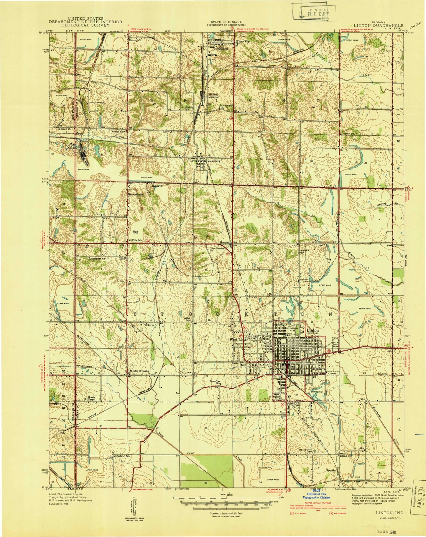 Classic USGS Linton Indiana 7.5'x7.5' Topo Map Image