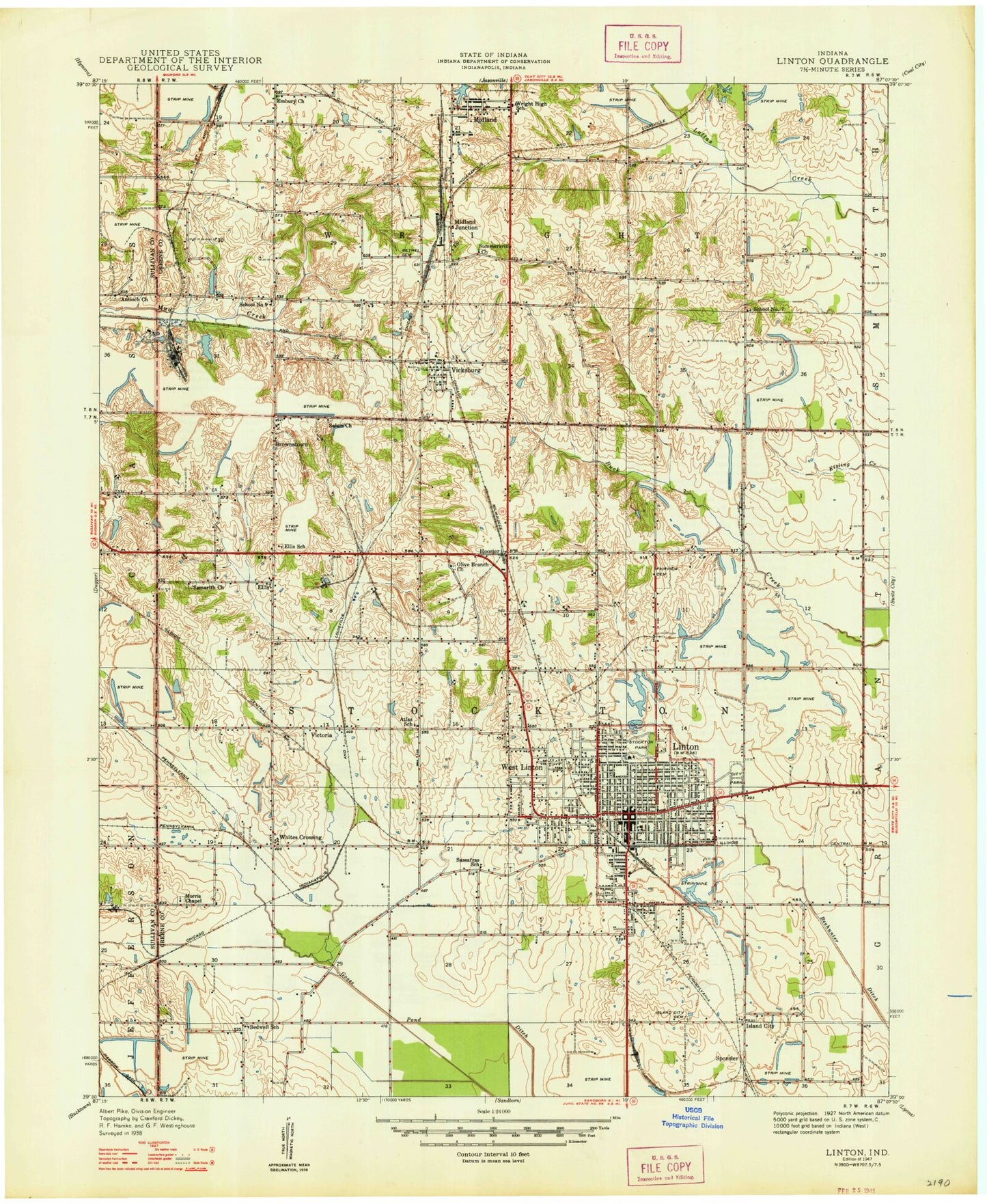 Classic USGS Linton Indiana 7.5'x7.5' Topo Map Image