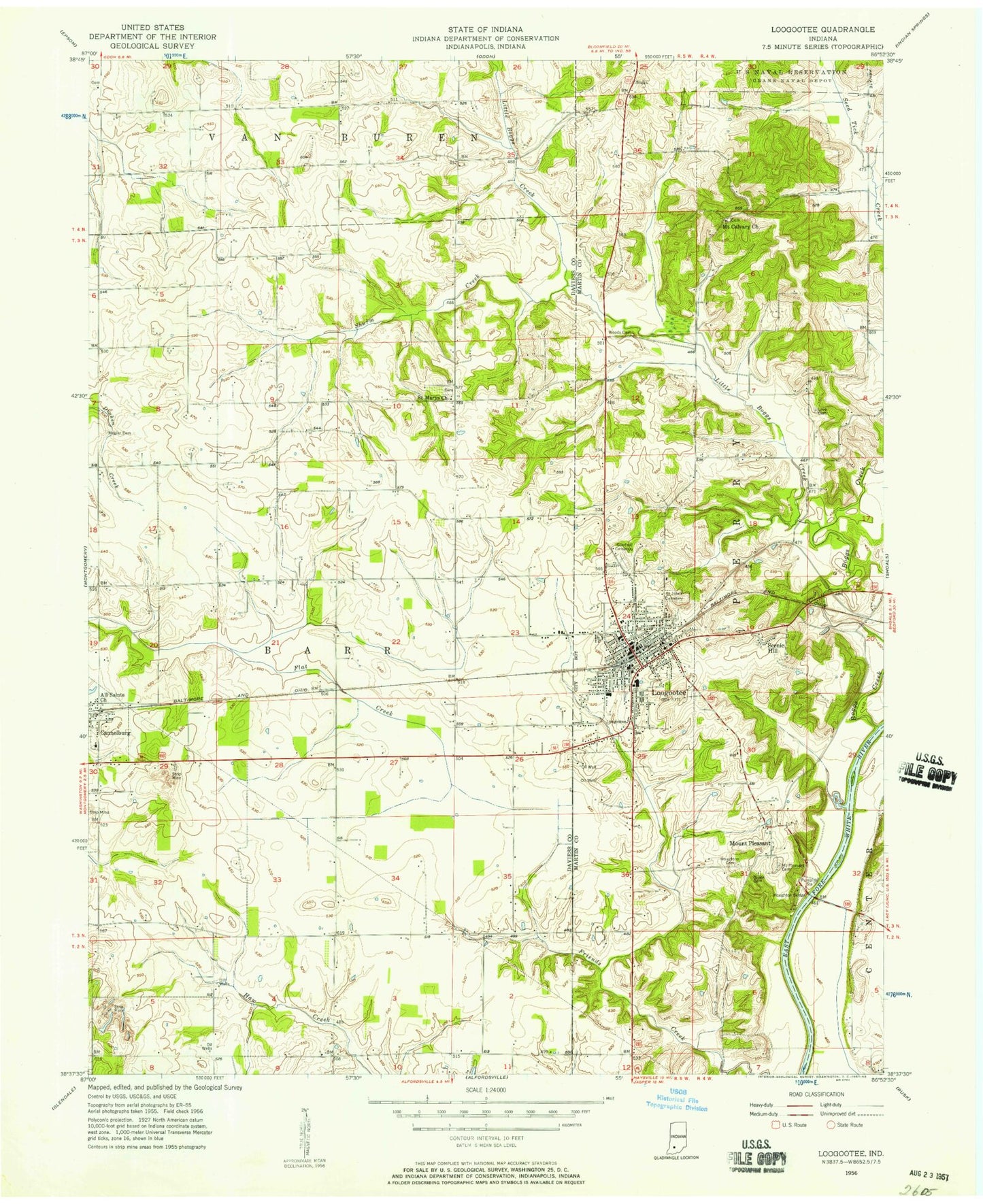 Classic USGS Loogootee Indiana 7.5'x7.5' Topo Map Image