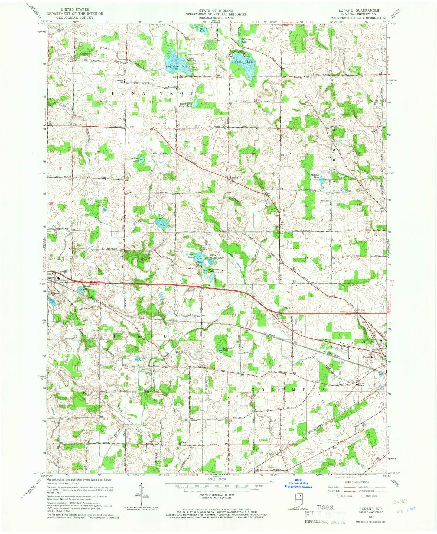 Classic USGS Lorane Indiana 7.5'x7.5' Topo Map Image