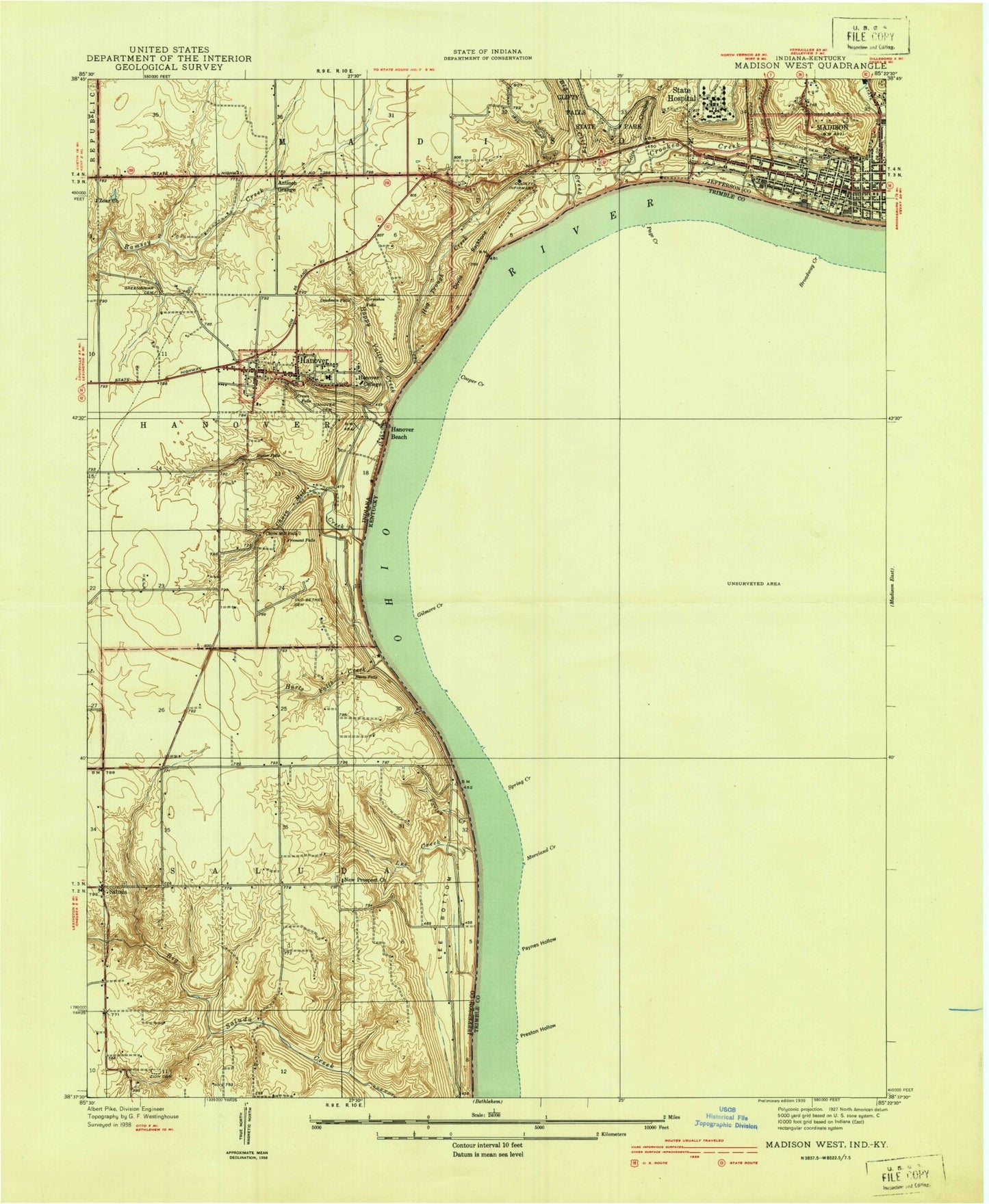 Classic USGS Madison West Indiana 7.5'x7.5' Topo Map Image