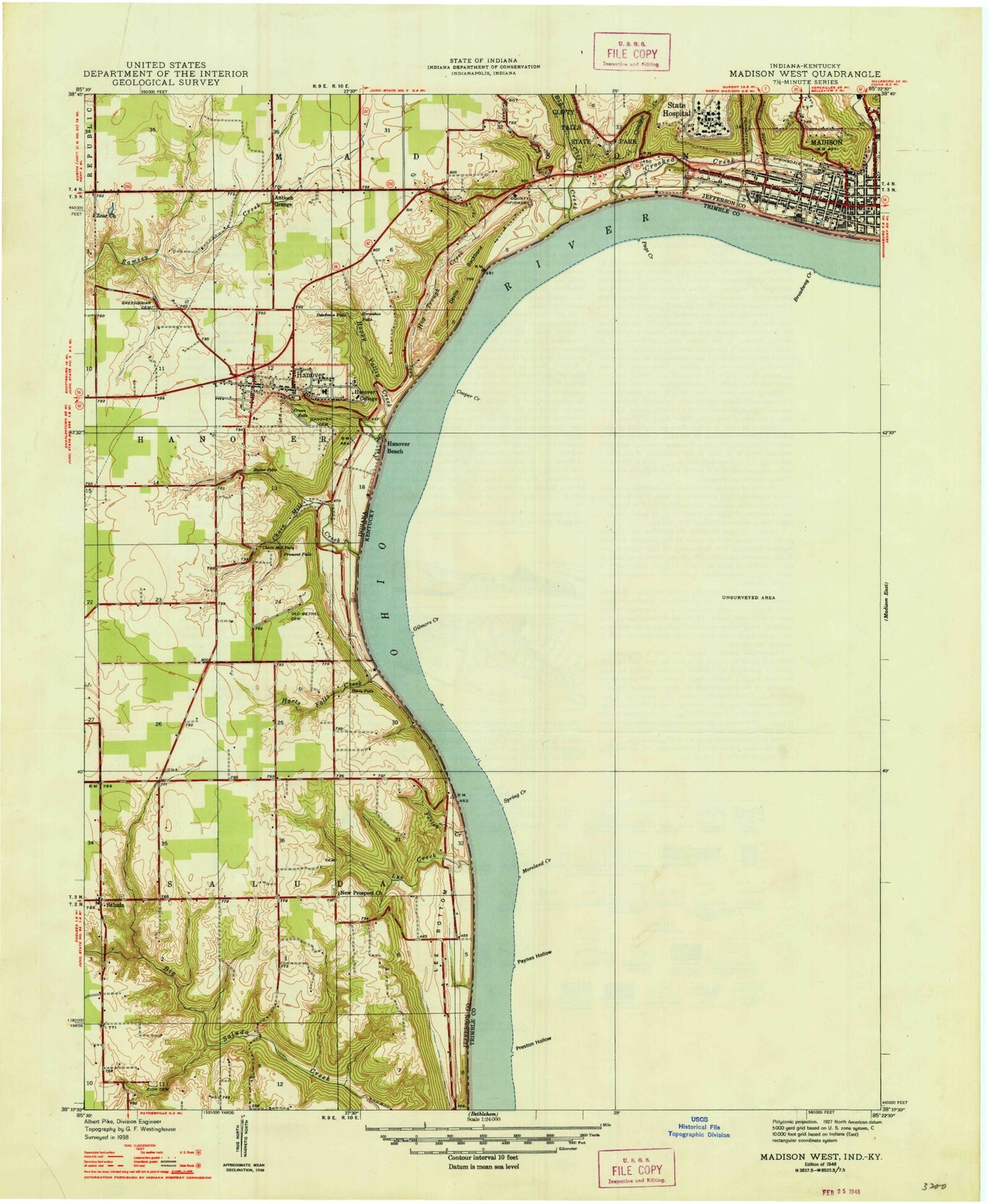 Classic USGS Madison West Indiana 7.5'x7.5' Topo Map Image