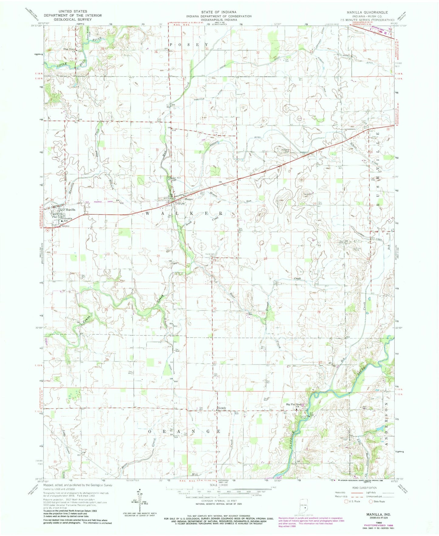 Classic USGS Manilla Indiana 7.5'x7.5' Topo Map Image