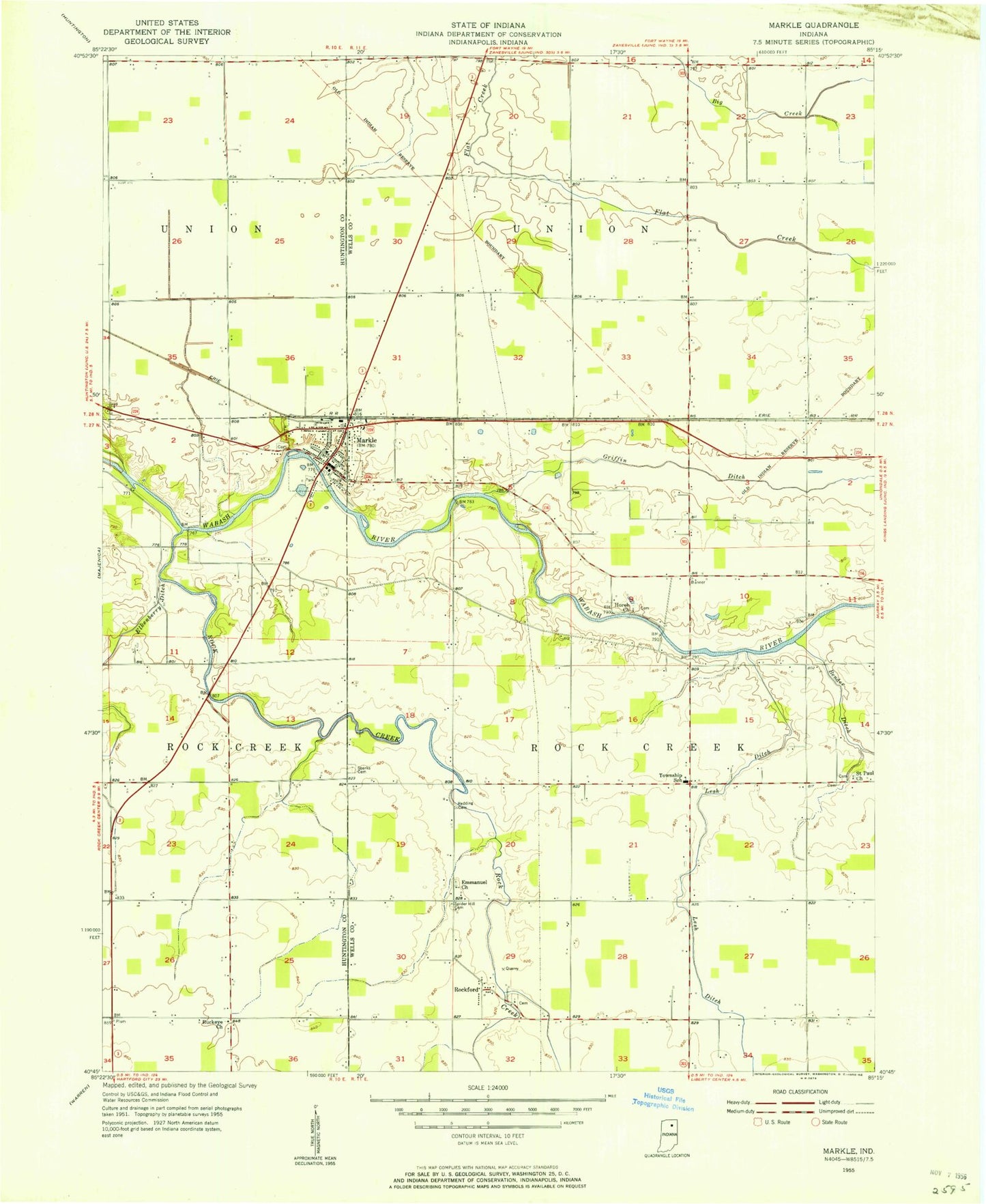 Classic USGS Markle Indiana 7.5'x7.5' Topo Map Image
