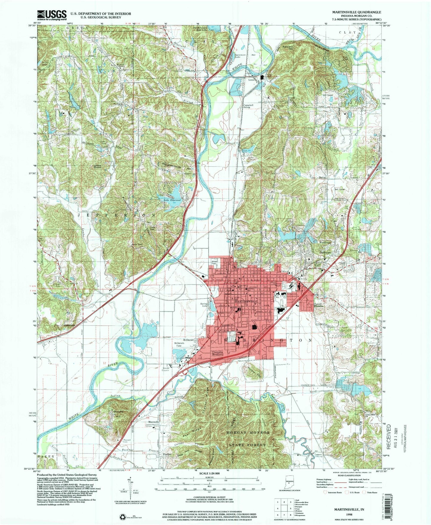 Classic USGS Martinsville Indiana 7.5'x7.5' Topo Map Image