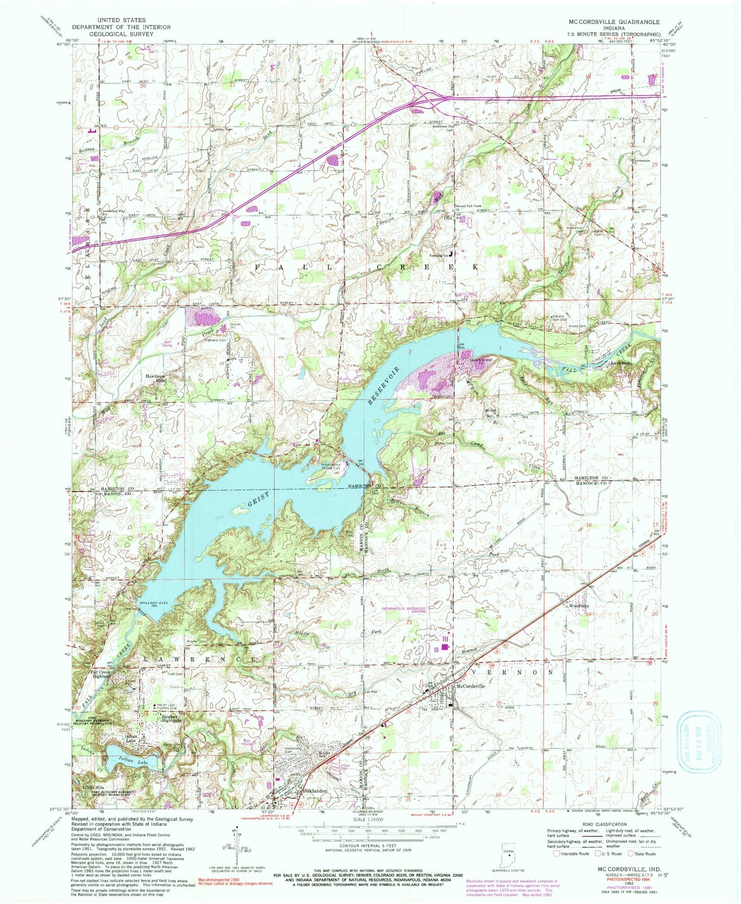 Classic USGS McCordsville Indiana 7.5'x7.5' Topo Map Image