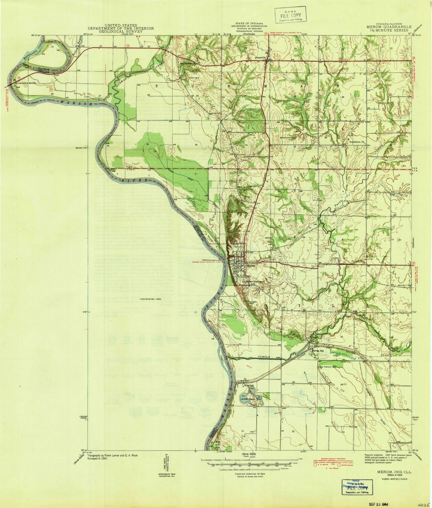 Classic USGS Merom Indiana 7.5'x7.5' Topo Map Image