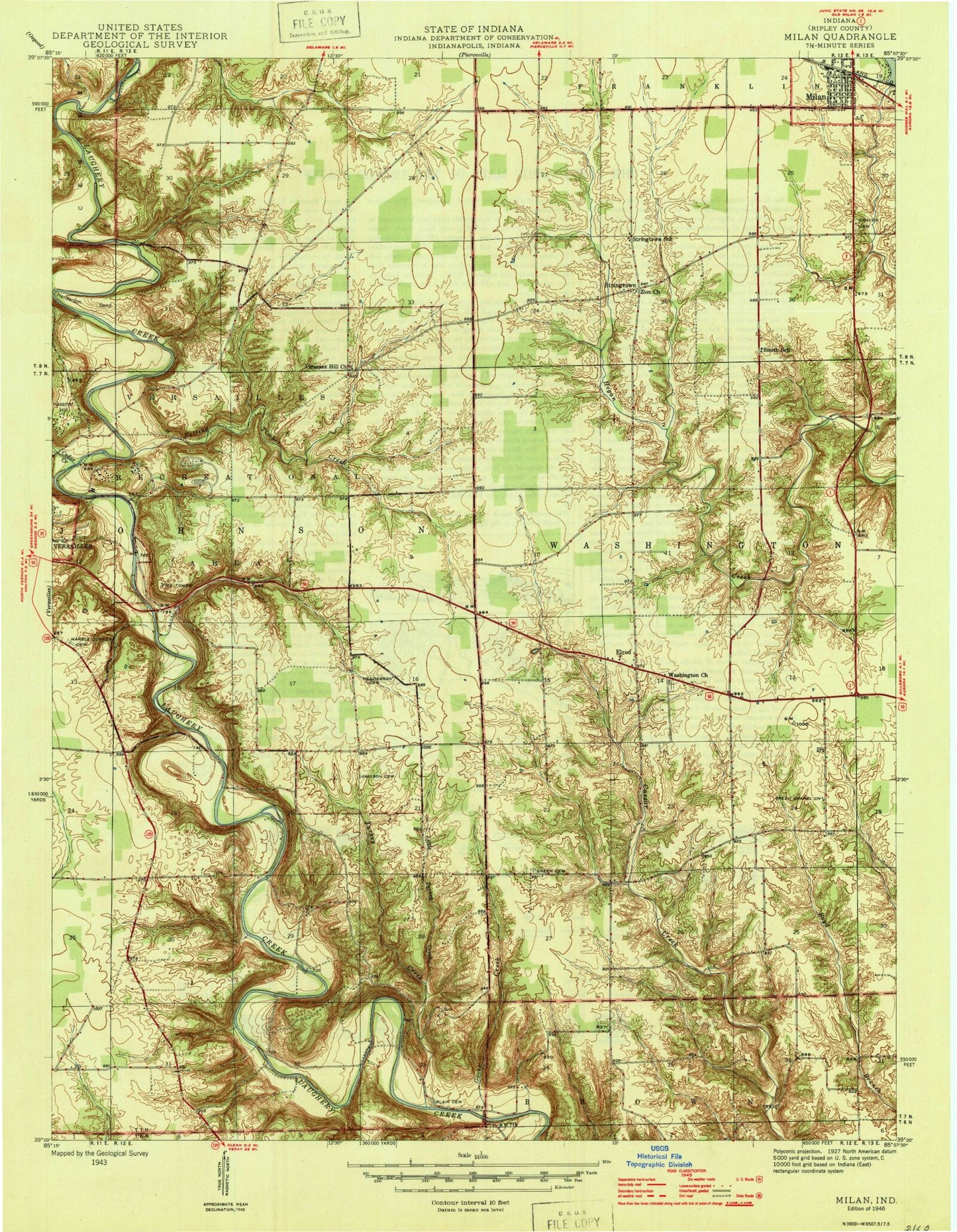 Classic USGS Milan Indiana 7.5'x7.5' Topo Map Image