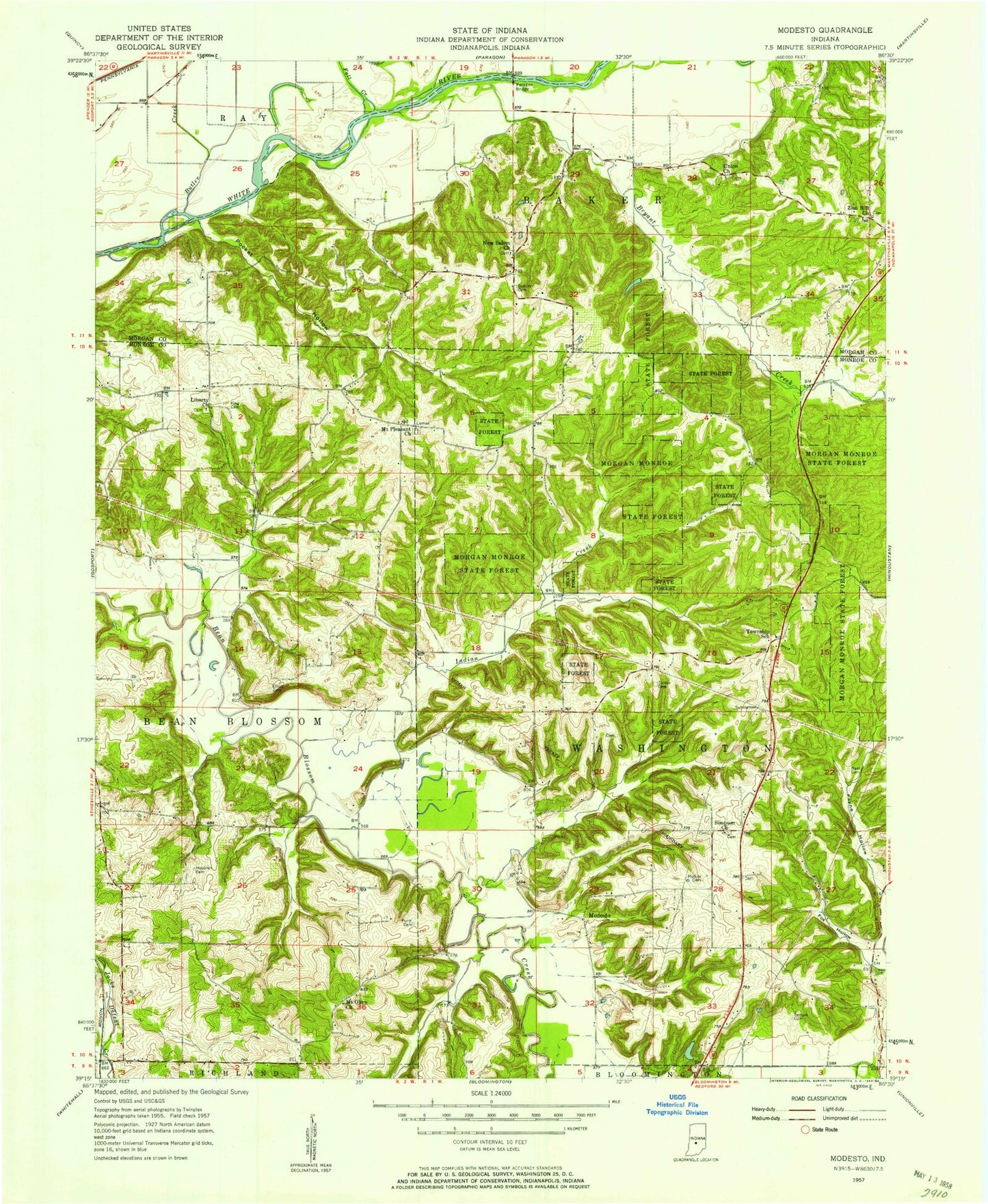 Classic USGS Modesto Indiana 7.5'x7.5' Topo Map Image