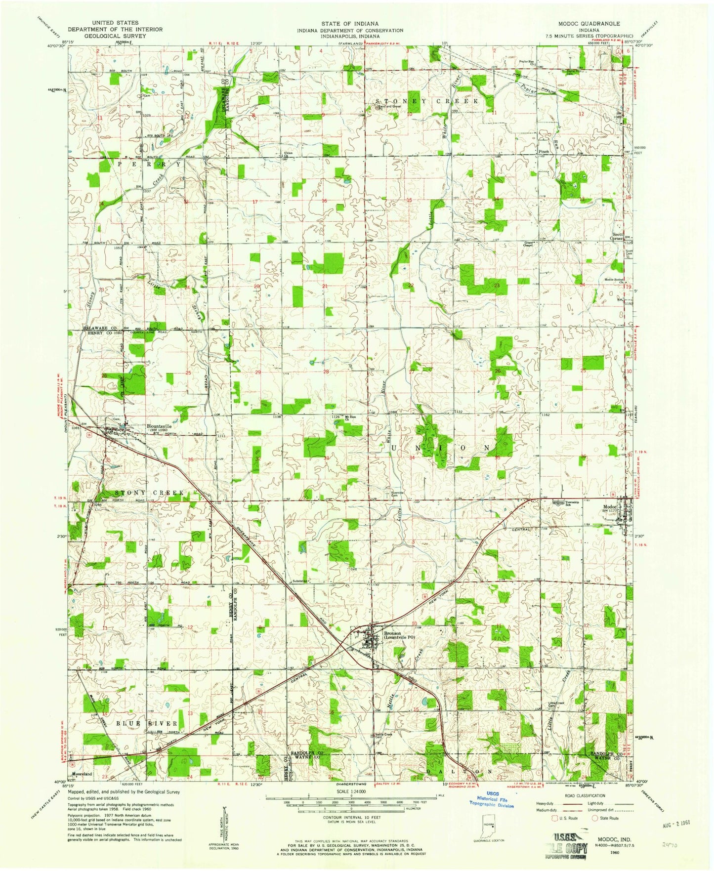 Classic USGS Modoc Indiana 7.5'x7.5' Topo Map Image