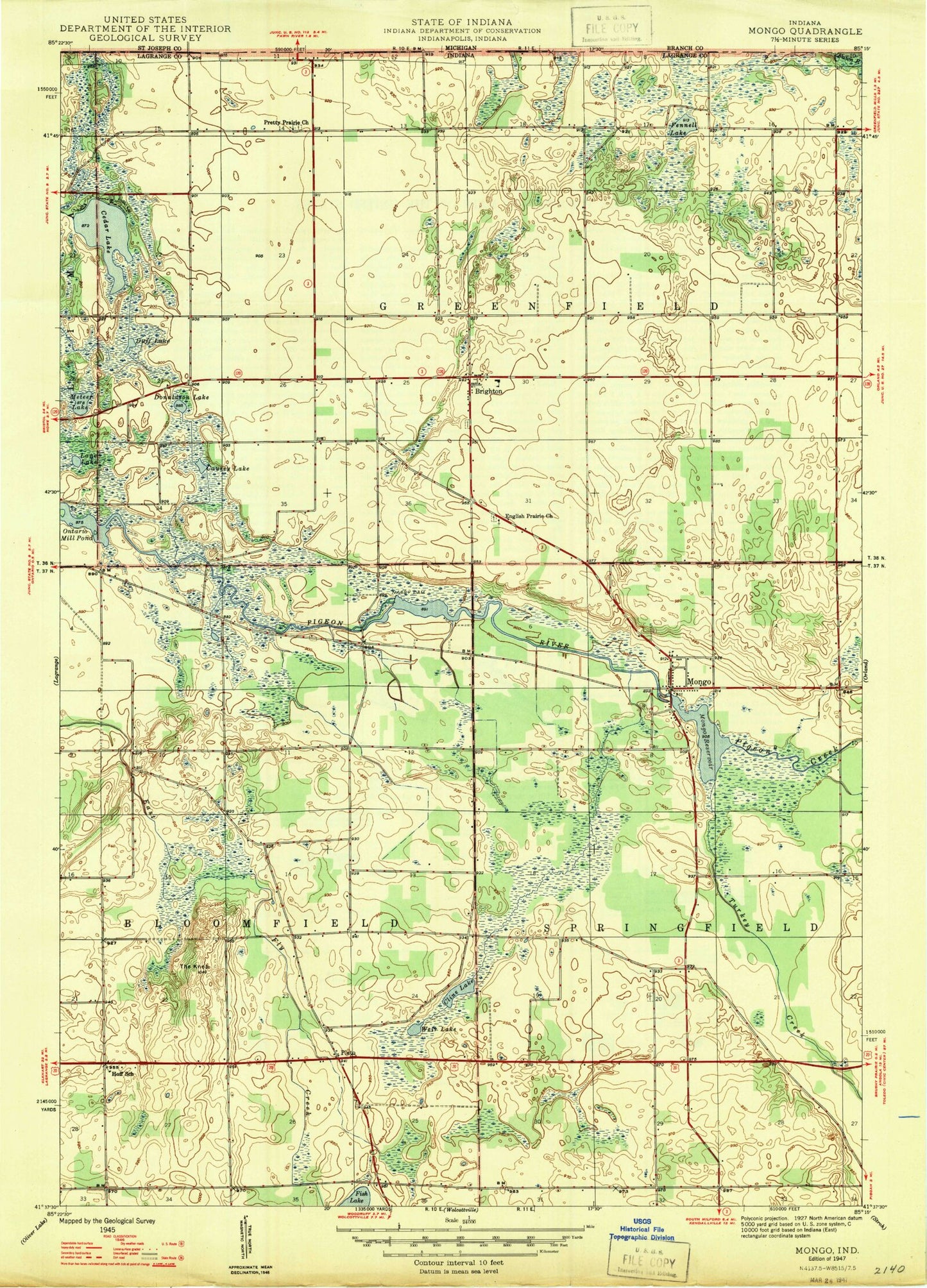 Classic USGS Mongo Indiana 7.5'x7.5' Topo Map Image