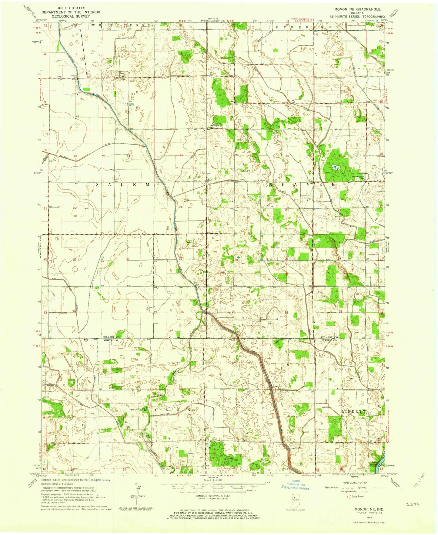 Classic USGS Monon NE Indiana 7.5'x7.5' Topo Map Image