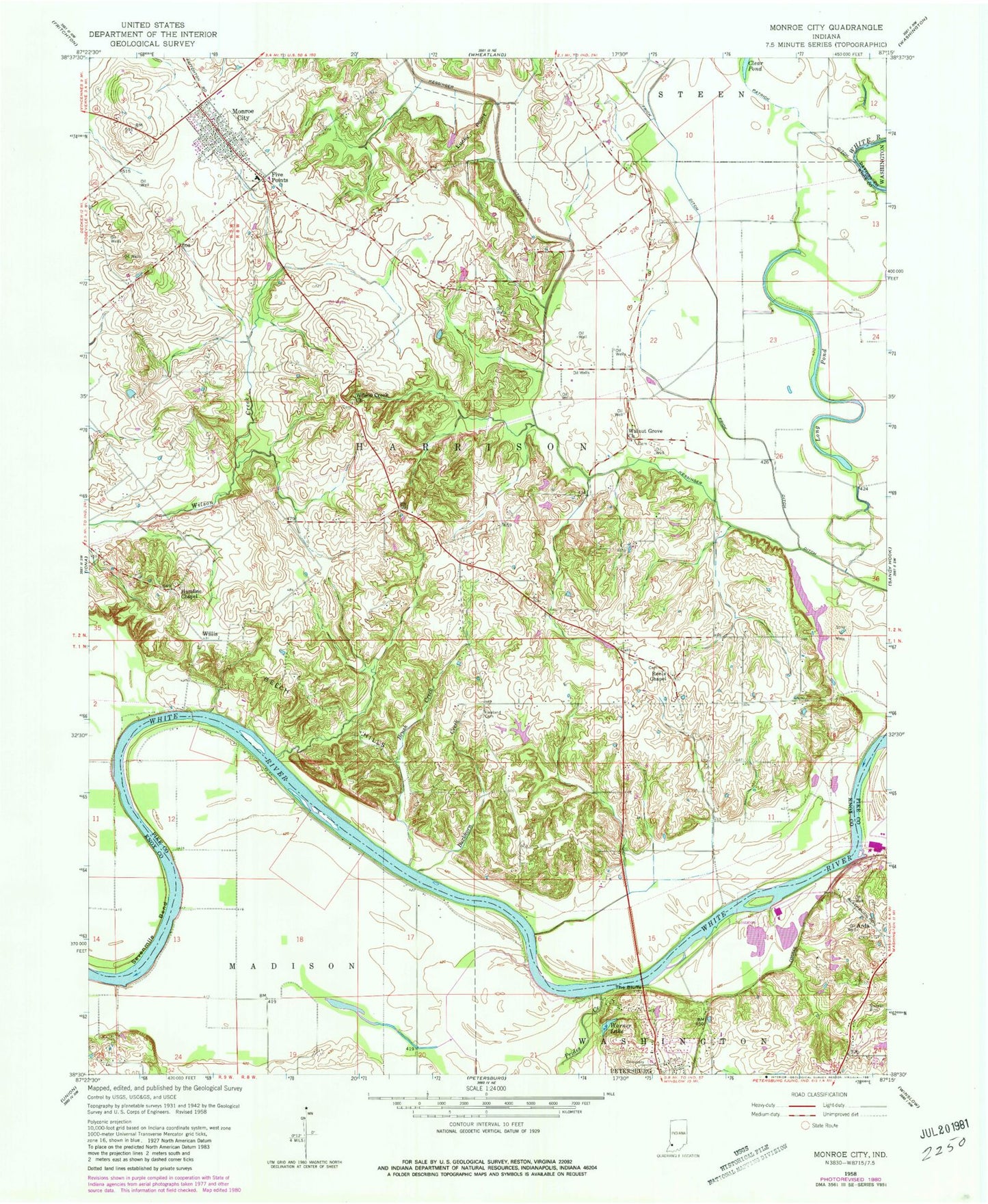 Classic USGS Monroe City Indiana 7.5'x7.5' Topo Map Image