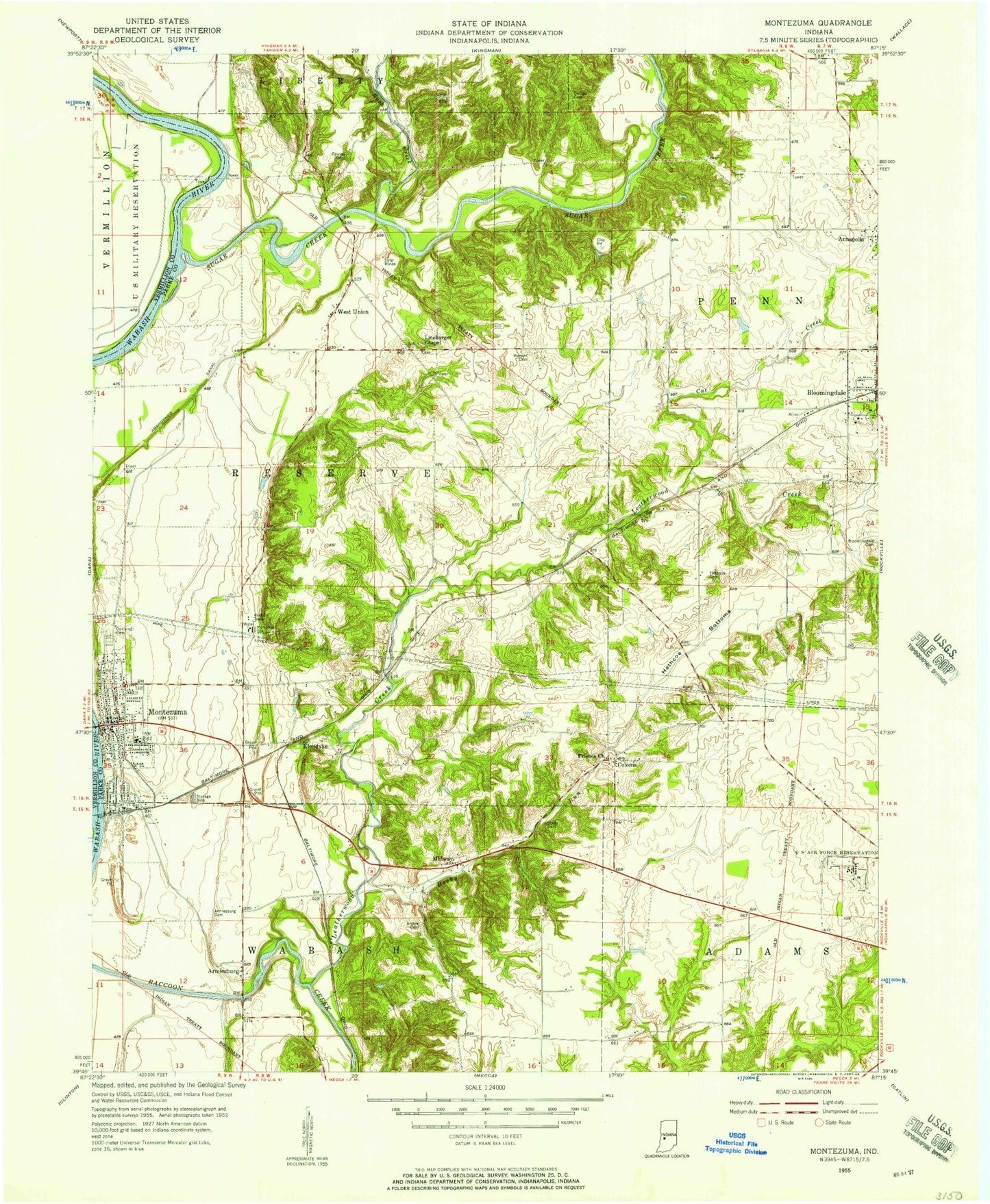 Classic USGS Montezuma Indiana 7.5'x7.5' Topo Map Image