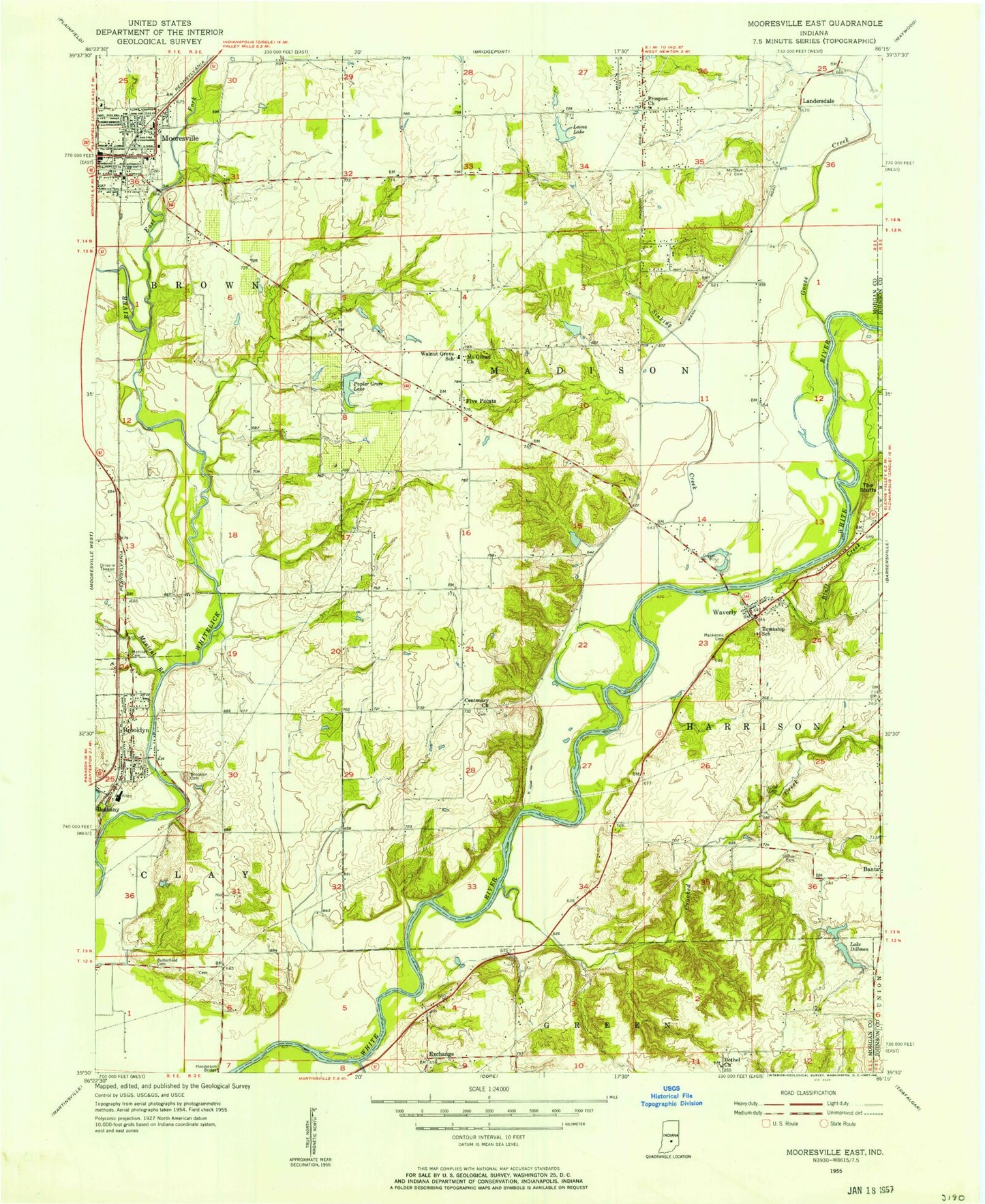 Classic USGS Mooresville East Indiana 7.5'x7.5' Topo Map Image