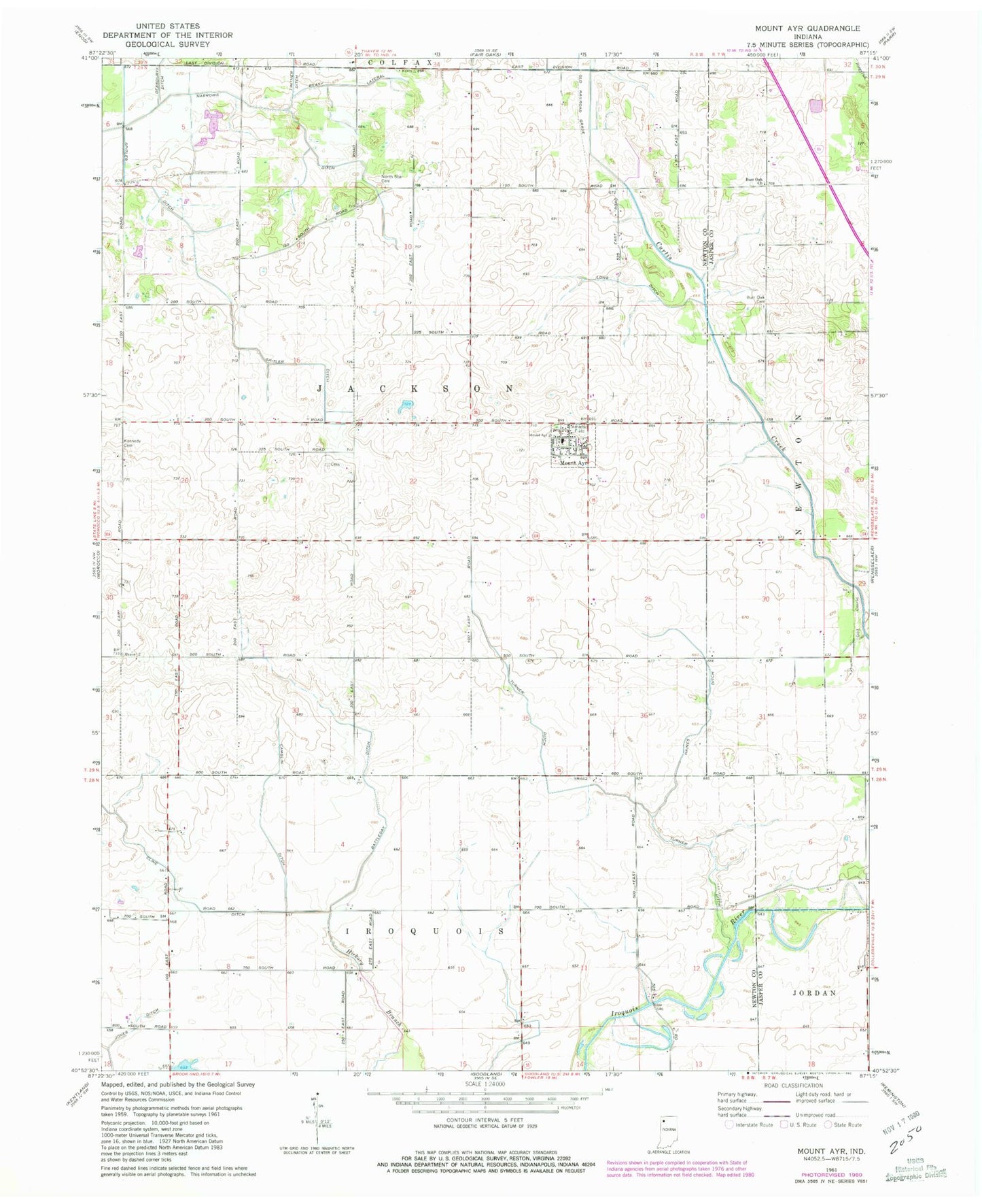 Classic USGS Mount Ayr Indiana 7.5'x7.5' Topo Map Image